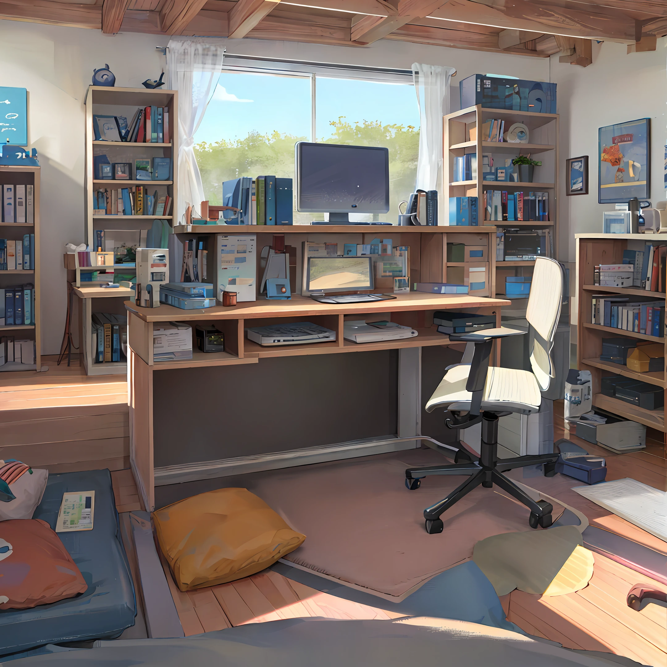 bookshelf, office, PC, landscape