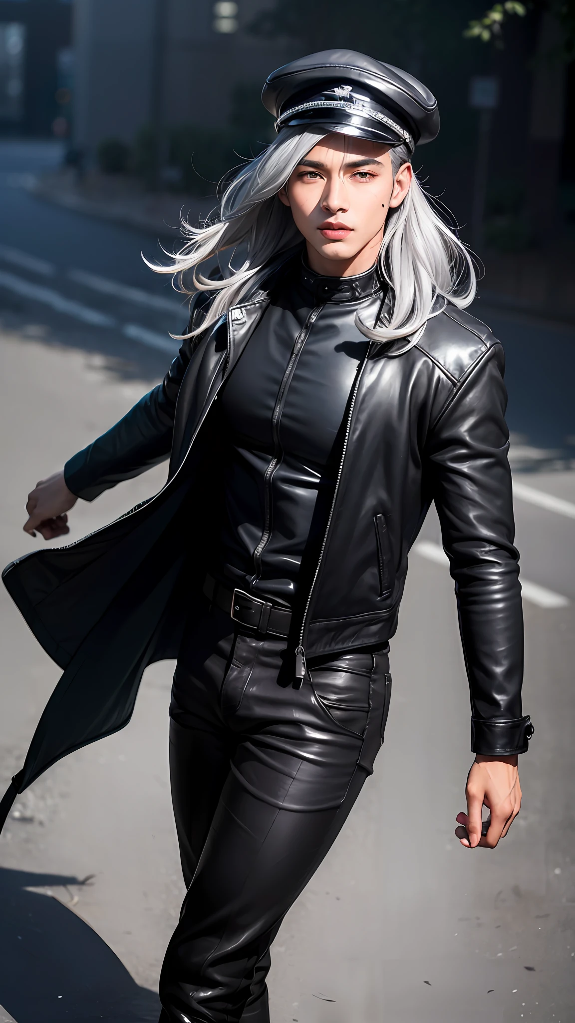 Dangerous handsome man with grey hair wearing a long leather coat, man wearing a black bonet, man with grey messy long hair, wavy grey hair, combat boots, in a dynamic pose, holding his hat, whip, mischievous smile, sci fi, (8k, RAW photo, photorealistic:1.25) ,( lipgloss, eyelashes, man, gloss-face, glossy skin, dark skin, dark snik, male, best quality, ultra highres, young man, depth of field, chromatic aberration, caustics, Broad lighting, natural shading,Kpop idol) looking at viewer with a serene and god-like happiness, playful alluring smirk