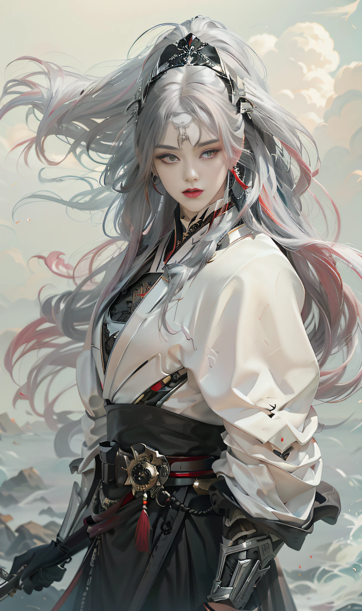 Close-up of a long-haired man holding a sword, Asian man, white Hanfu, black and white embroidery, red belt, red fringed hair ornament, black metal shoulder armor, black metal shoulder pads, handsome guy in art, long black hair, flowing hair and robes, beautiful character painting, red headdress, tassels, anime characters, detailed character art, male anime characters, black hair, flowing red hair, CG, 8k HD, movie quality,