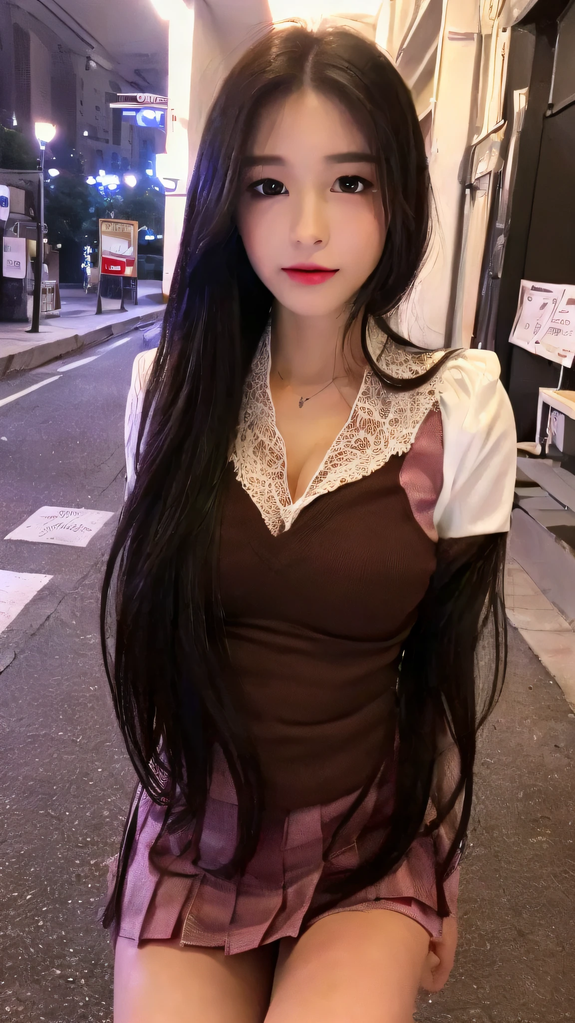 ((Best quality, 8k, Masterpiece :1.3)), full body, Sharp focus: 1.2, perfect body beauty: 1.4, slender abs: 1.2, ((dark brown hair, big breasts: 1.2)), pink JK uniform: 1.1, (Night City, Streets: 1.1), highly detailed facial and skin textures, detailed eyes, double eyelids