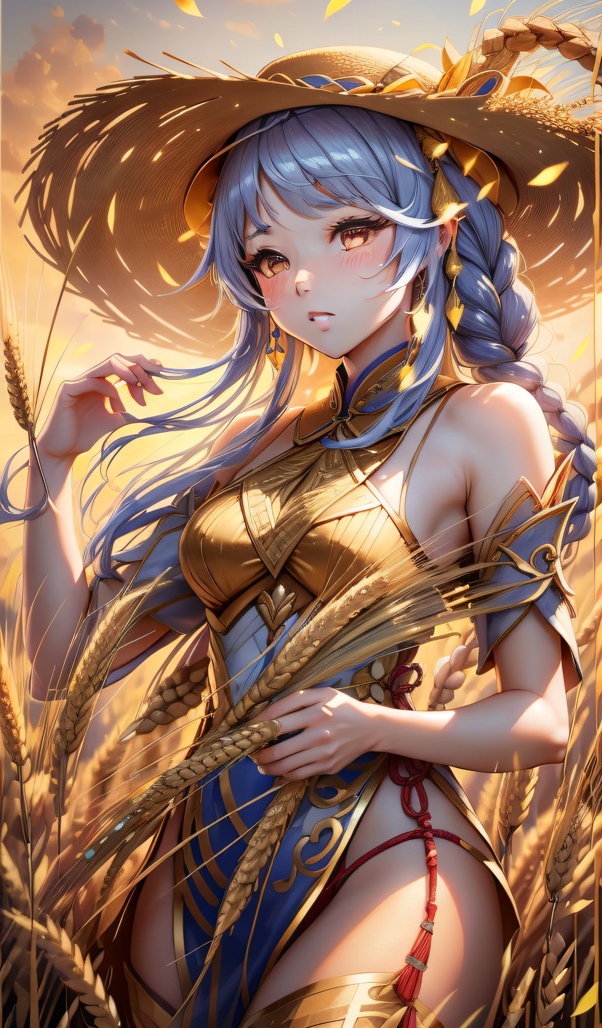 (An 18-year-old Asian woman, Mangseed, harvest wheat field, classical Chinese woman, long hair twisted braids, wearing a straw hat, with golden ears of wheat costume details, the best image quality, realistic photos, background harvest #aesthetic #热门小说 ears of wheat, costume with golden ears of wheat texture decoration, embrace sparkling golden ears of wheat, motion capture, incredible detail, sharpening, summer, ultra-fine hair, Full lens, flowing, realism, delicate and delicate, colorful, super high quality, 3D effect, CG rendering,--ar 3:4 --s 180 --q 5 --niji 5)