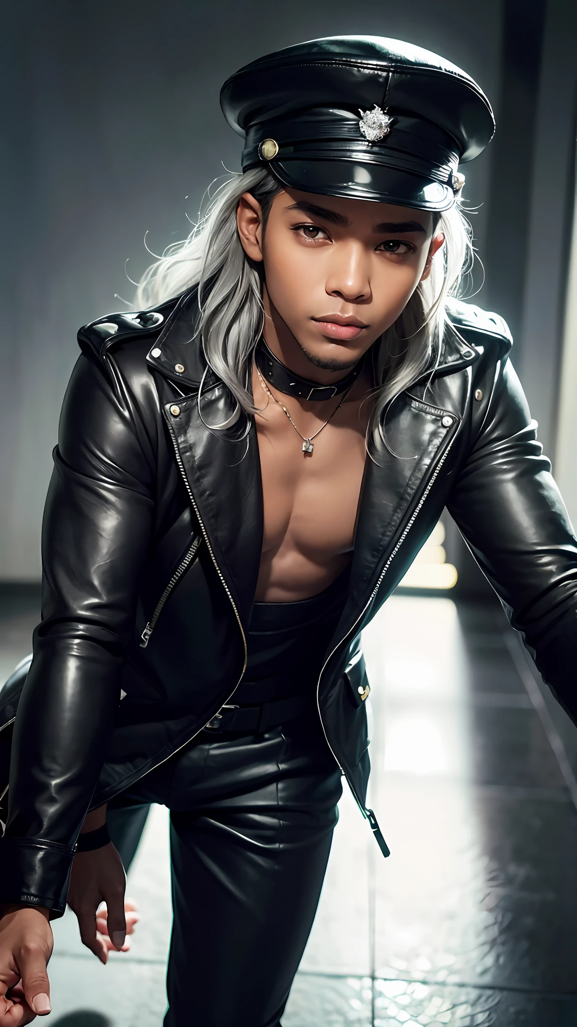 Dangerous handsome man with grey hair wearing a long leather coat, man wearing a black bonet, man with grey messy long hair, wavy grey hair, combat boots, in a dynamic pose, holding his hat, whip, mischievous smile, sci fi, (8k, RAW photo, photorealistic:1.25) ,( lipgloss, eyelashes, man, gloss-face, glossy skin, dark skin, dark snik, male, best quality, ultra highres, young man, depth of field, chromatic aberration, caustics, Broad lighting, natural shading,Kpop idol) looking at viewer with a serene and god-like happiness, playful alluring smirk