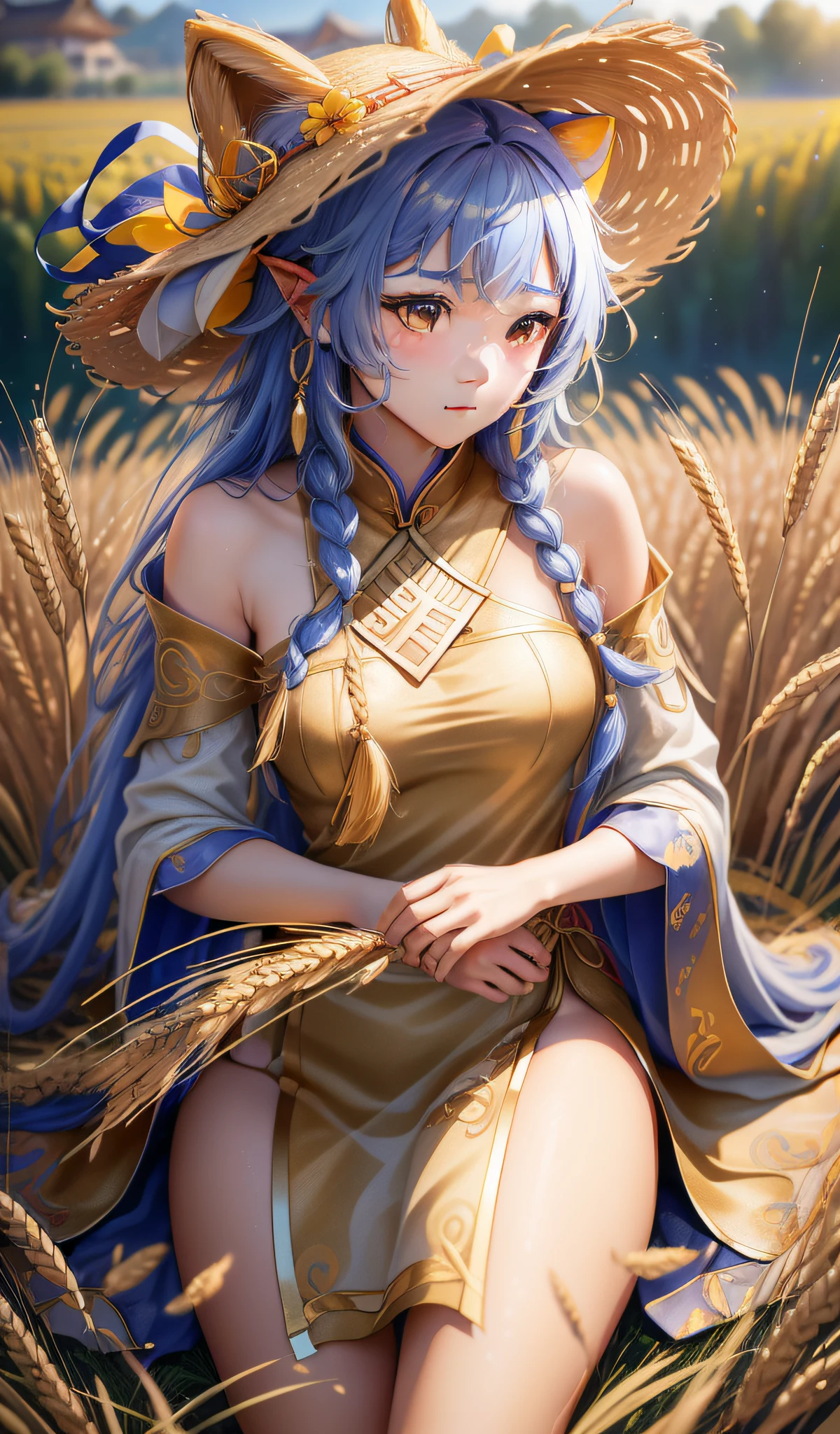 (An 18-year-old Asian woman, Mangseed, harvest wheat field, classical Chinese woman, long hair twisted braids, wearing a straw hat, with golden ears of wheat costume details, the best image quality, realistic photos, background harvest #aesthetic #热门小说 ears of wheat, costume with golden ears of wheat texture decoration, embrace sparkling golden ears of wheat, motion capture, incredible detail, sharpening, summer, ultra-fine hair, Full lens, flowing, realism, delicate and delicate, colorful, super high quality, 3D effect, CG rendering,--ar 3:4 --s 180 --q 5 --niji 5)