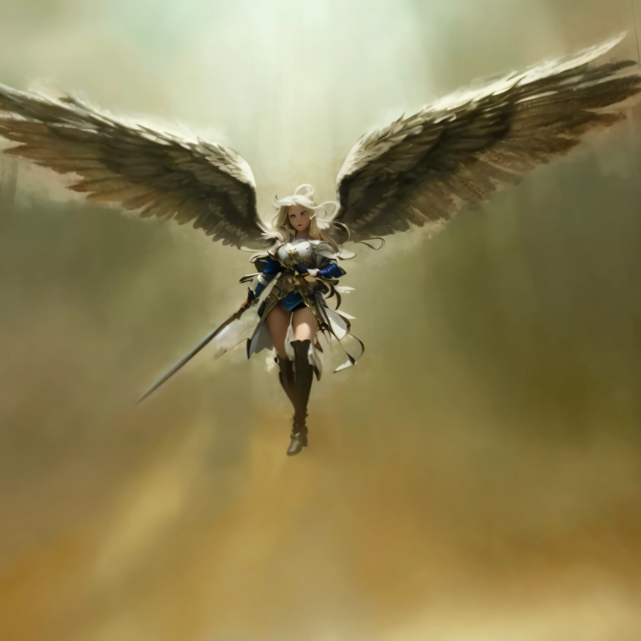 There is a woman with a sword and a pair of white wings flying in the sky, angel knight girl, is a maiden with a beautiful face, winged archer, archangel, winged man, armor horn with wings, angel, high angel long shot, angel, epic angel wings, plastic armor angel, winged, biblically accurate angel, young angel, epic number painting, angel behind the angel is the battlefield endgame