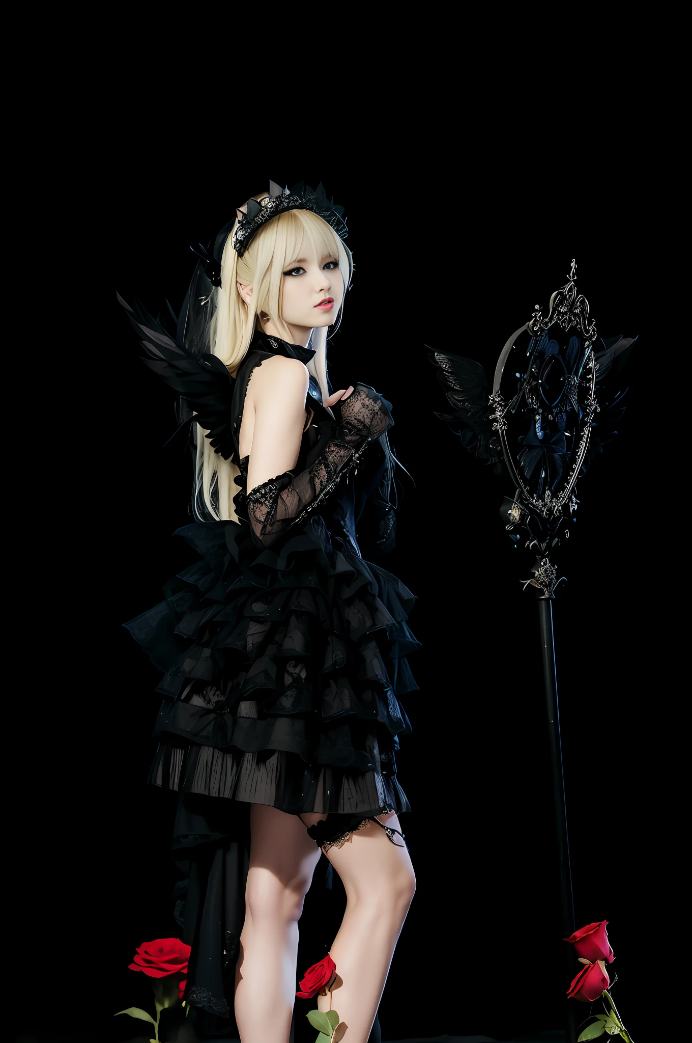 blond woman in black dress and black wings with a rose, misa amane *, villainess has black angel wings, elegant glamourous cosplay, anime girl cosplay, angel knight gothic girl, gothic maiden anime girl, misa amane, gothic regal, dark fantasy style, ( ( misa amane # ) ), an elegant gothic princess, black gothic lolita dress