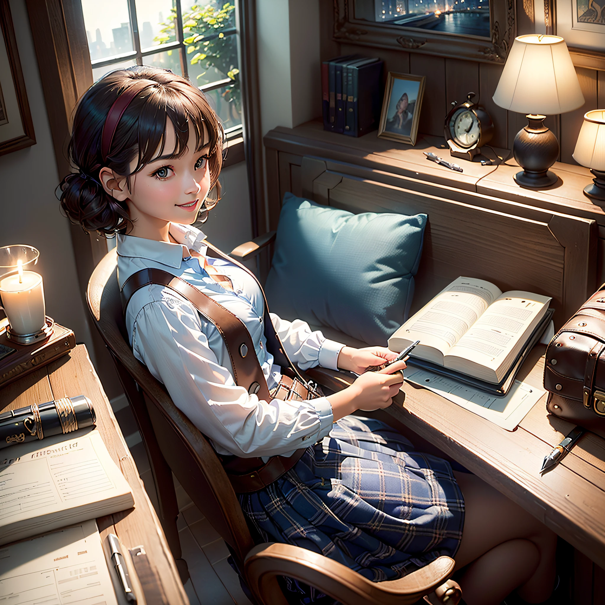 (masterpiece, highest quality, highest resolution, distinct_image, very elaborate CG, cinematic lighting, ray tracing, drop shadows, detailed detail, (photorealistic: 1.4), high quality textures, fine-grained, realistic face expression): (lone girl, face is Japan, brown short hair, hair tied back, small size breasts, Sparkly eyes, eye level shots, happy smiles, beauty, slim body, holiday, own room, console games, computer, display, keyboard, mouse, dark blue long skirt, white shirt with collar, plaid vest, handgun holder, carrying leather bag on back, long boots, antique radio, coffee, model train, Bookshelves, spacious chairs, pots, fans, paintings, stuffed animals, ties, notebooks, stationery, vases, photo frames, letters, fountain pens, calendars, lamps, cushions, baskets, mirrors reflecting in profile, candles, newspapers, sweets, view of the cityscape outside the window, telephone, fruits)