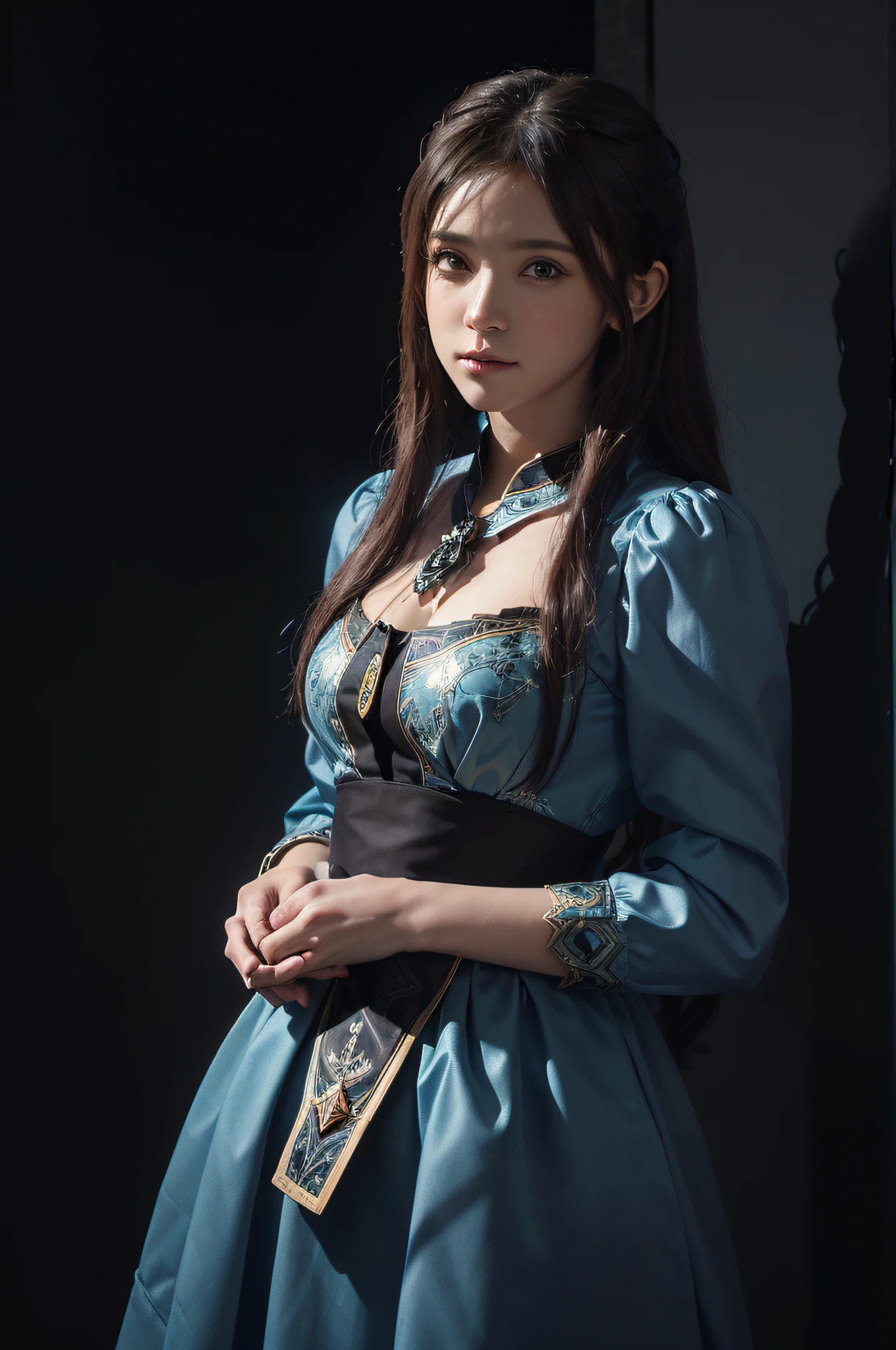 (front focus),(in the dark:1.6), Hyperrealist portrait of female by david hockney and alphonse mucha,fantasy art, photo realistic, dynamic lighting, artstation, poster, volumetric lighting, very detailed faces, 4 k, award winning,, 1girl, in the dark, deep shadow, low key,cowboy shot,(official clothing:1.4) ,long hair,white hair,