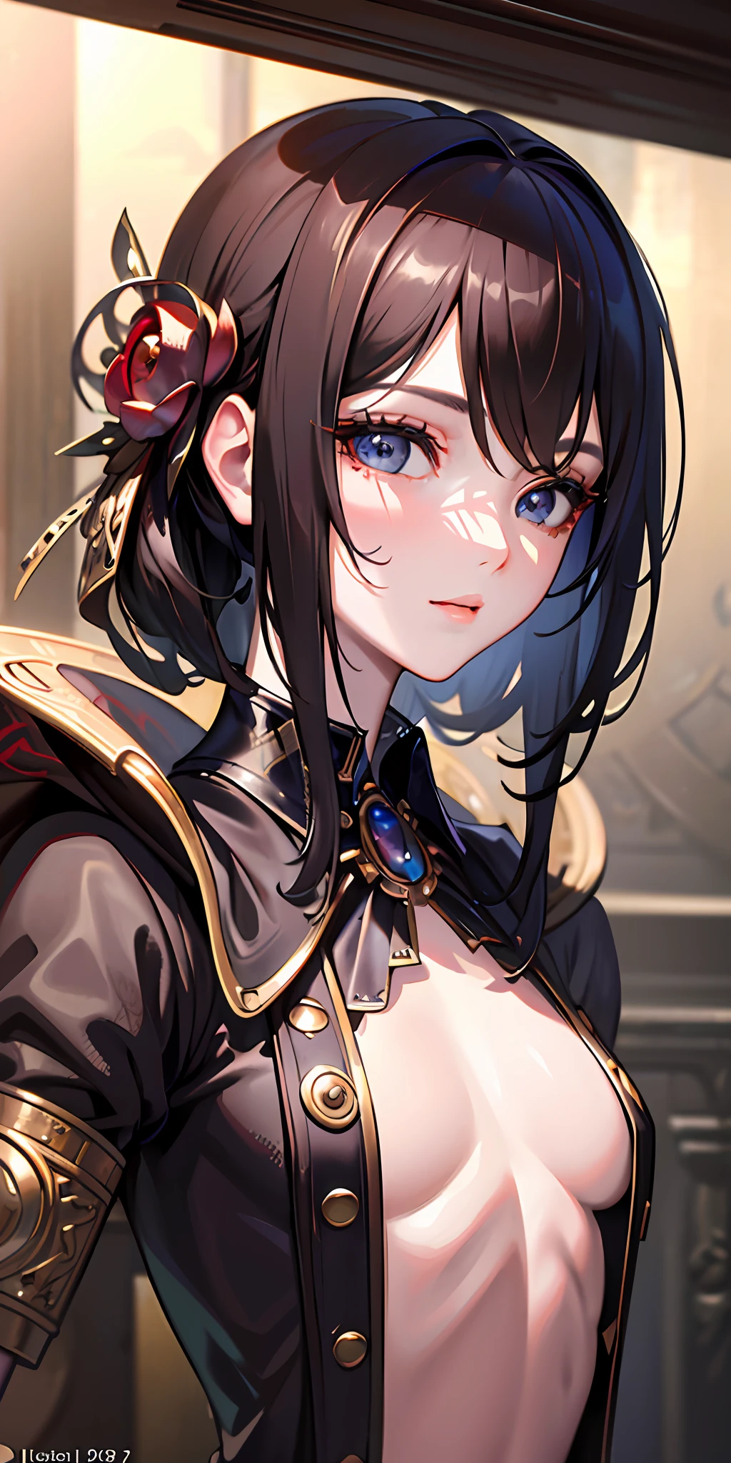 (Masterpiece, Sidelighting, Finely Detailed Beautiful Eyes: 1.2), (Masterpiece*Portrait), Portrait, (Bust), Realistic, 3D Face, Lusious Skin, ((Solo)), (Close-up of Face), Scarlet Eyes, Hanging Corners, (Highly Detailed Skin, Visible Pores)), (Slim Body) , a beautiful steampunk girl with small tits, Suit