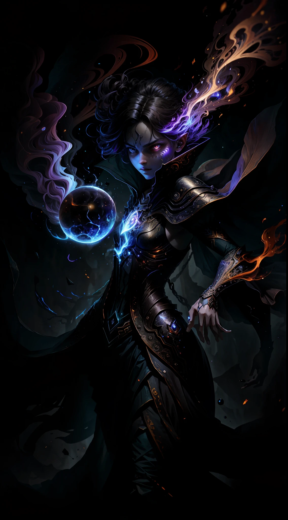 A demon witch casting fire spells, beautiful, very detailed, surreal, cinematic lighting, dark, space background, soft cinematic lighting, (backlight: 1.2), (flare: 1.2), (flash: 1.1), (chromatic aberration: 1.2), clear focus, high contrast, V0id3nergy magic aura, V0id3 energy battle mage, V0id3 nergy cute hollow