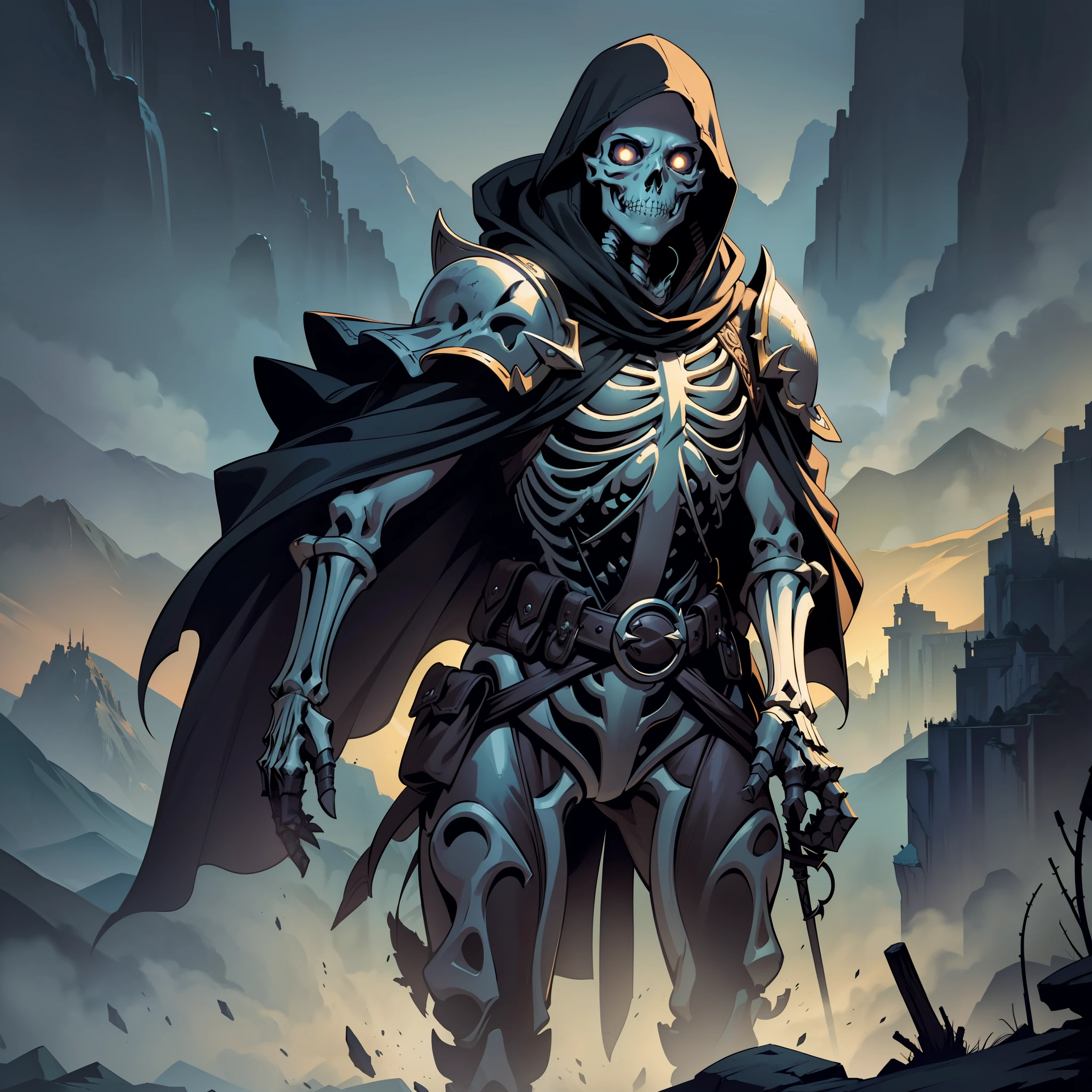 (extremely detailed 8k wallpaper:1.2), (best quality:1.2), (adventure and fantasy theme), profile (Paizo Pathfinder RPG character and Dungeons & Dragons), (((skeleton))), ((undead)), sharp focus, (subsurface scattering:1.1), award-winning photography, ((Hunter Class:1.3)), ((half-body shot:1.1)), centered face, bright eyes:1.2, undead skeleton wearing Chinese hunter armor, cloak covering face, (standing in front of oriental background landscape:1.3), (very detailed background:1.2),dramatic lighting, sfw