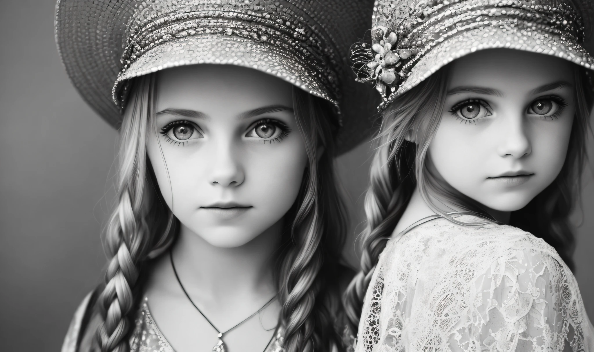 ((Masterpiece, Superb, Super Detailed, High Resolution)), solo, beautiful girl RUSSIAN CHILD IN BRAIDS, bright eyes, perfect eyes, 10 years, black and white gold theme, OF HAT.