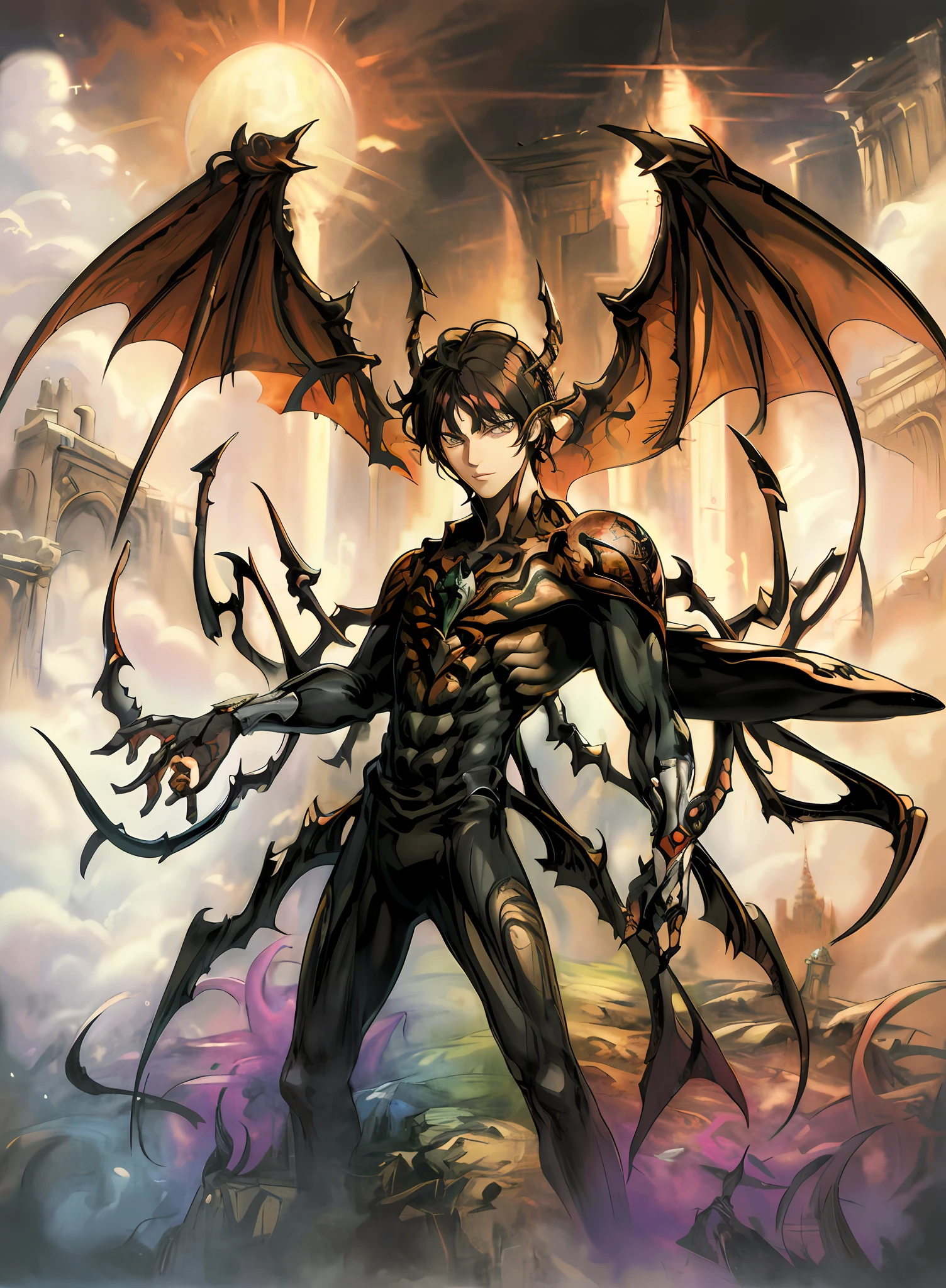 anime character with wings and a demon like body standing in front of a castle, devilman, full body savage devilman, 2. 5 d cgi anime fantasy artwork, human and dragon fusion, epic fantasy digital art style, male djinn man demon hybrid, demon boy, demon male, symmetrical epic fantasy art, djinn man male demon, human male demon