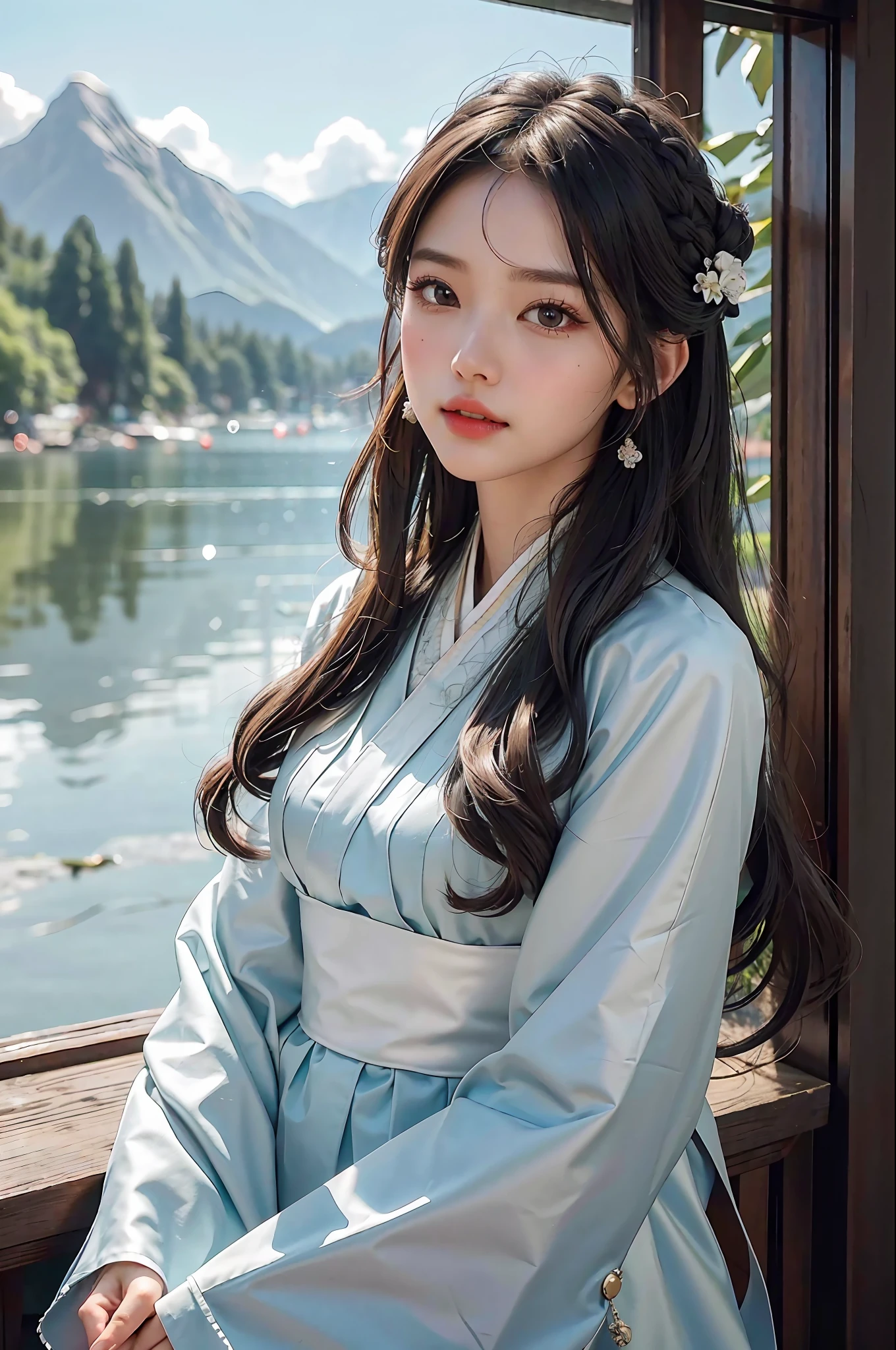 (Masterpiece, Best Quality, Beautiful Quality, Realistic, Looking at the Viewer, Detailed Lighting, Extremely Detailed Skin, Extremely Detailed Hair, Extremely Detailed Teeth, Shadows, 8K: 1.5), (Photo of a Woman, ung Girl: 1.2), (Delicate Face, Perfect Figure, Delicate and Immaculate Skin: 1.2), Blushing, Shyness, Big, Hanfu, Hairpin, Long Hair, West Lake Background, Chu Chu Moving, Fluttering