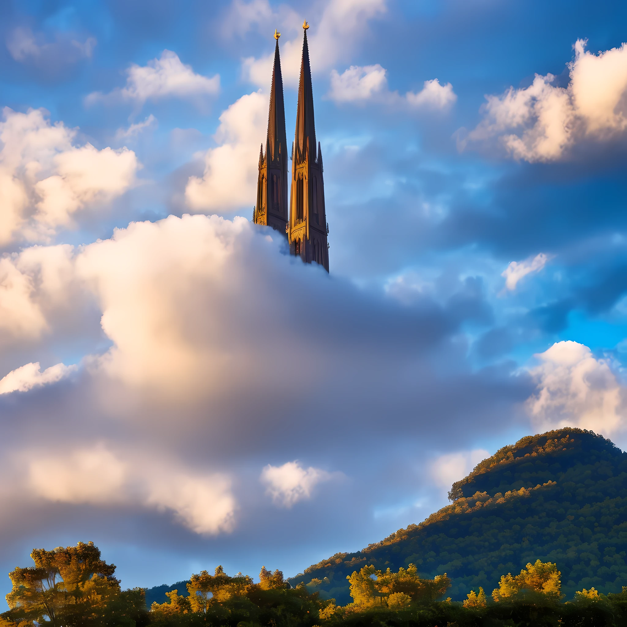 Gothic architecture, Gothic temple (maximum detail), tall temple, monumental temple, gray brick masonry (maximum detail), rectangular temple shape, one tall tower, tall spire, spire on a high tower, tall tower in the center of the structure, low tower in each corner, mountainous terrain, mountains, on the background of the mountain, low clouds, clouds, few clouds, white clouds, sunrise.
