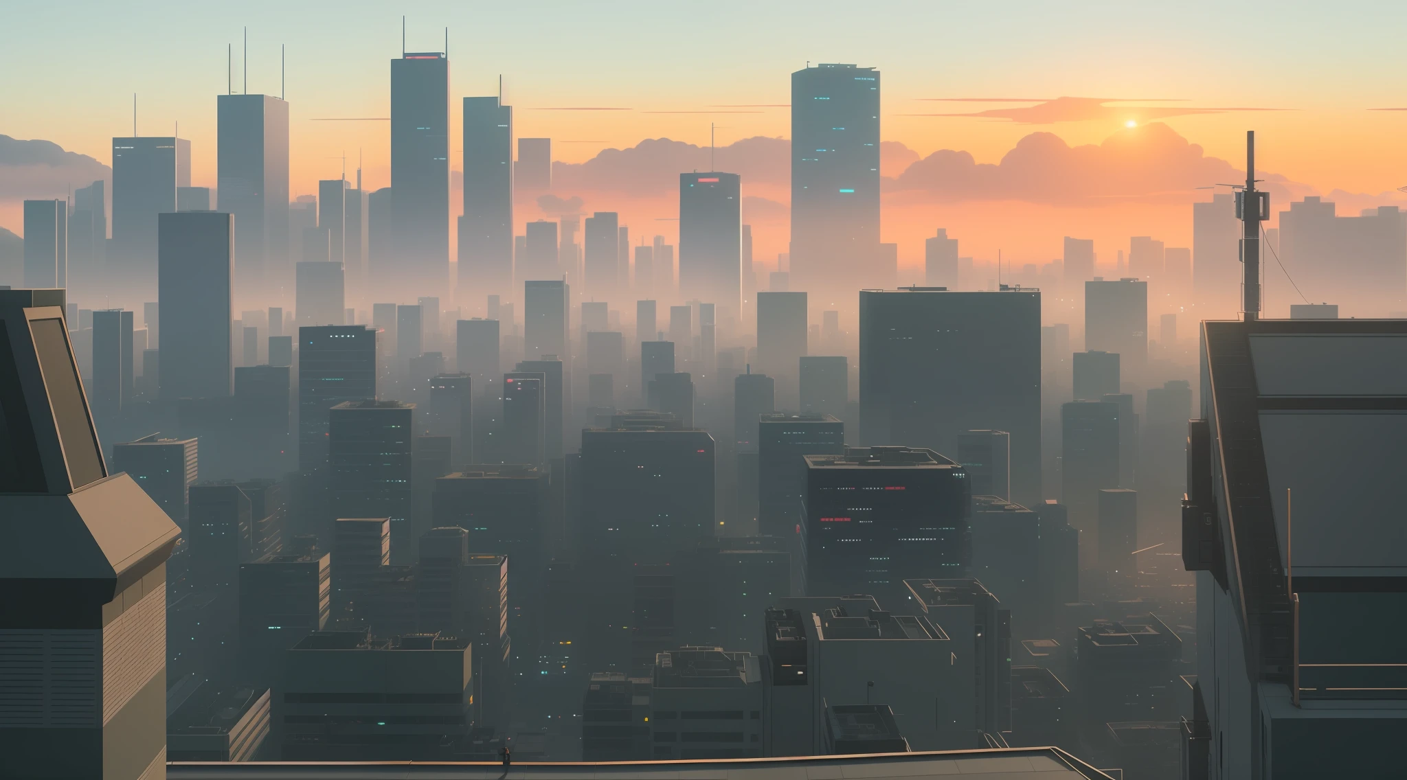 there is a view of a city from a high rise building, octane render. by makoto shinkai, hyper realistic cyberpunk city, by makoto shinkai, by Makoto Shinkai, gloomy. by makoto shinkai, cyberpunk hiroshima, japanese city, hd anime cityscape, makoto shinkai. —h 2160