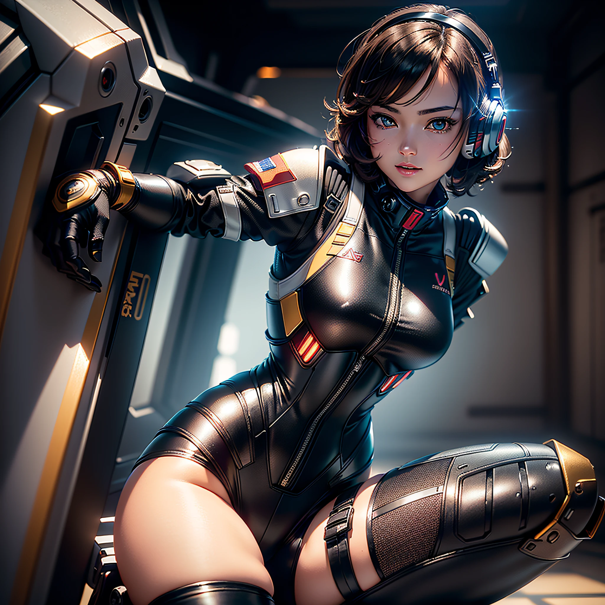 (Masterpiece, highest quality, highest resolution, distinct_image, very elaborate CG, cinematic lighting, ray tracing, drop shadows, detailed detail, (photorealism: 1.4), high quality textures, fine-grained, realistic face expression): (Girl alone, face is Japan, girl with brown hair, short hair, small size breasts, Detailed Gundam cockpit with sparkly black colored eyes, eye level shots, metallic black colored flight suit, tight fitting clothes, full-body covering clothes, light smile, beauty, slim body, exoskeleton, heroine, headset, long boots, gloves, solo ride)