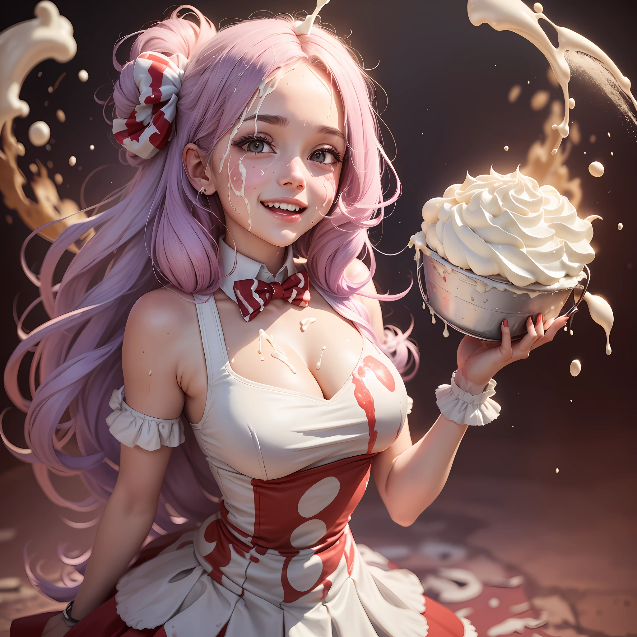 There is a woman standing in the center of a circus stage, wearing a baker outfit and heels. All around her are buckets full of cream. She just finished a comedy show where she got (((splattered with whipped cream))) all over her face and body and is smiling. Her outfit is stained with colored cream splatters, her hair is messy and stained. Her cheeks and forehead are covered in pie splatters.