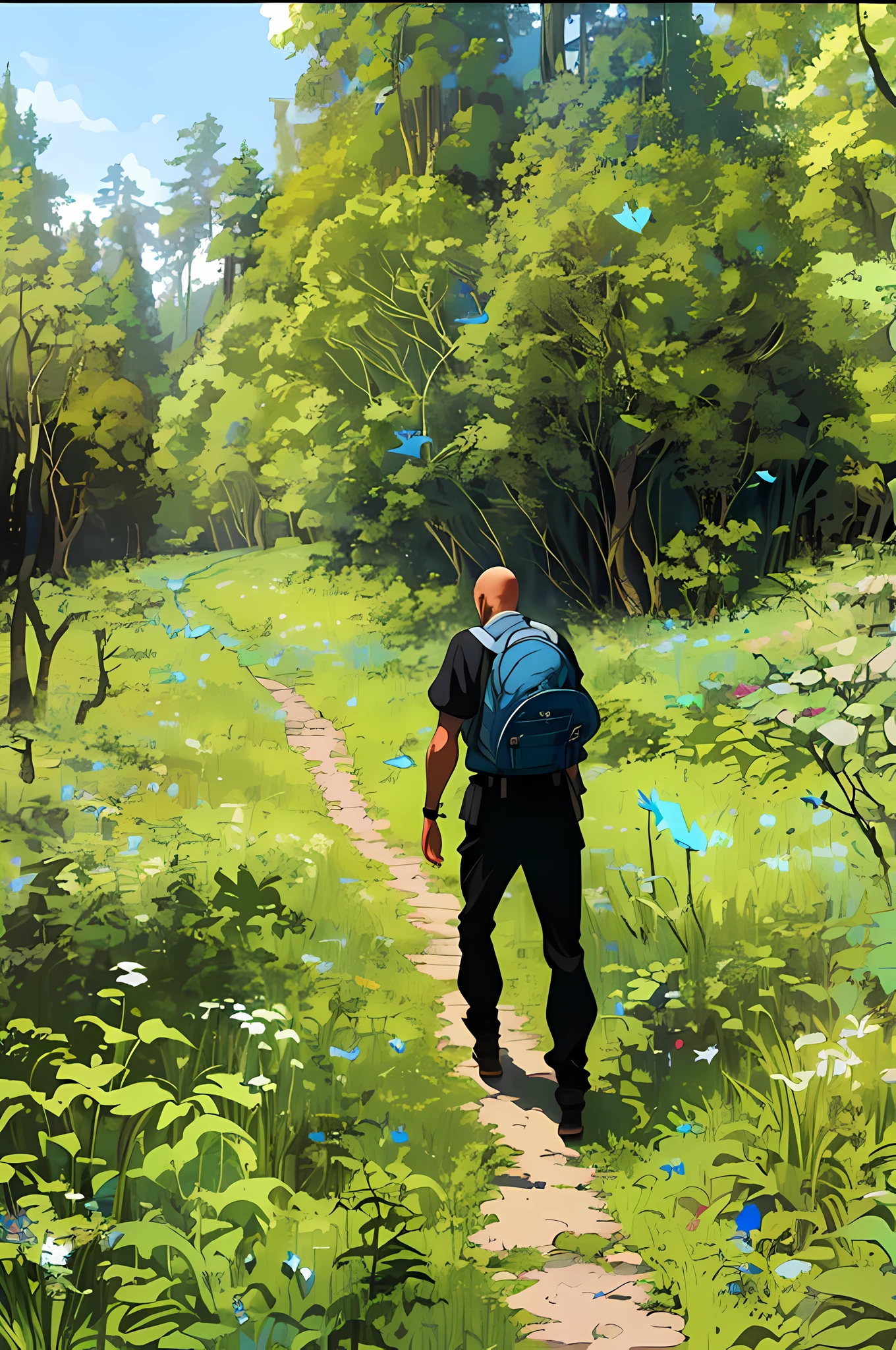(masterpiece, best quality:1.4), a man from behind, blue backpack, bald head, dark clothes, fairytale forest, follows an Inca path, enchanted forest, toadstools, LSD trip, dense forest, jungle, mysterious plants, drug trip, swarm of butterflies, swarm of birds of paradise, Indian village, ruins