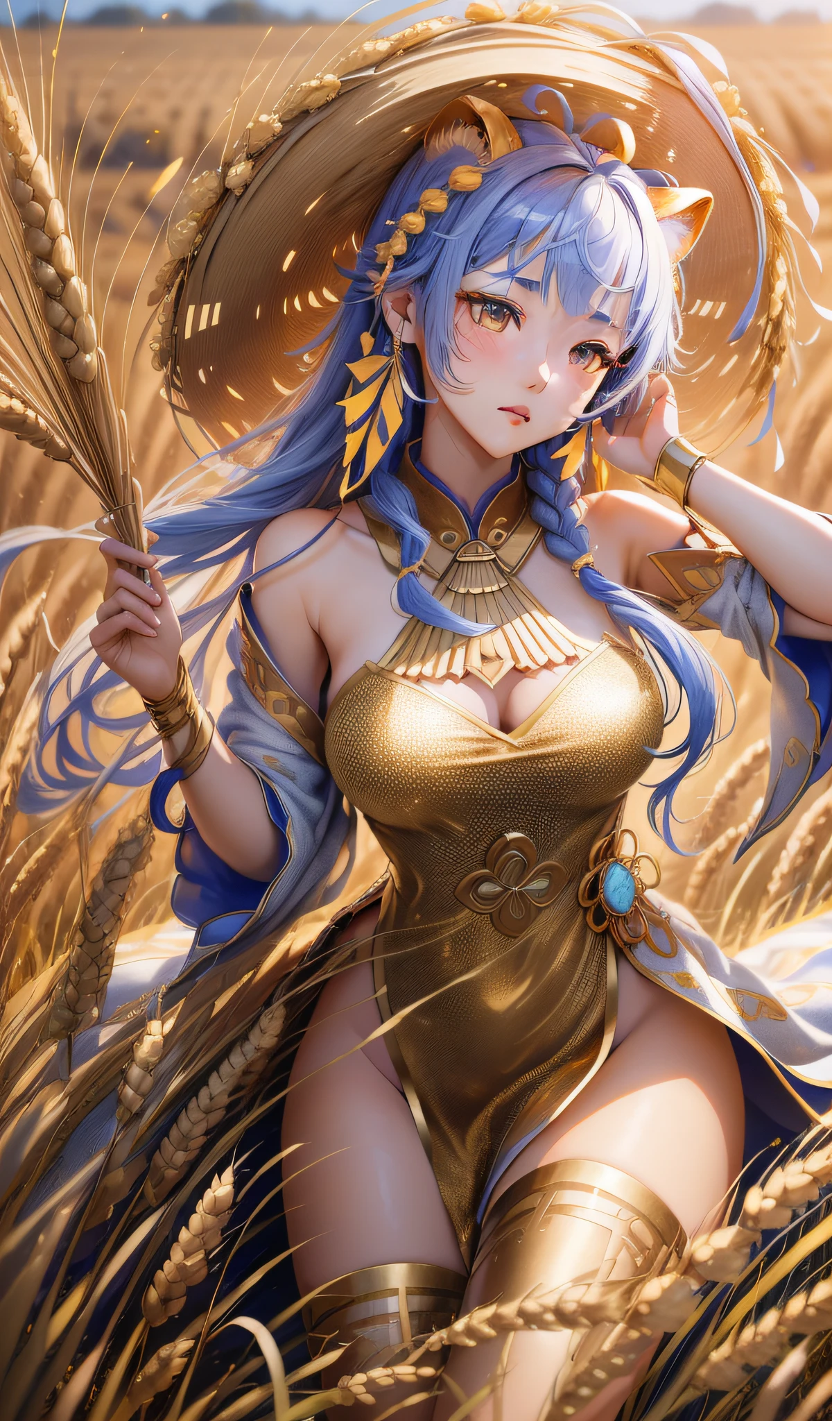 (An 18-year-old Asian woman, Mangseed, harvest wheat field, classical Chinese woman, long hair twisted braids, wearing a straw hat, with golden ears of wheat costume details, the best image quality, realistic photos, background harvest #aesthetic #热门小说 ears of wheat, costume with golden ears of wheat texture decoration, embrace sparkling golden ears of wheat, motion capture, incredible detail, sharpening, summer, ultra-fine hair, Full lens, flowing, realism, delicate and delicate, colorful, super high quality, 3D effect, CG rendering ,--ar 3:4 --s 180 --q 5 --niji 5) gloves
