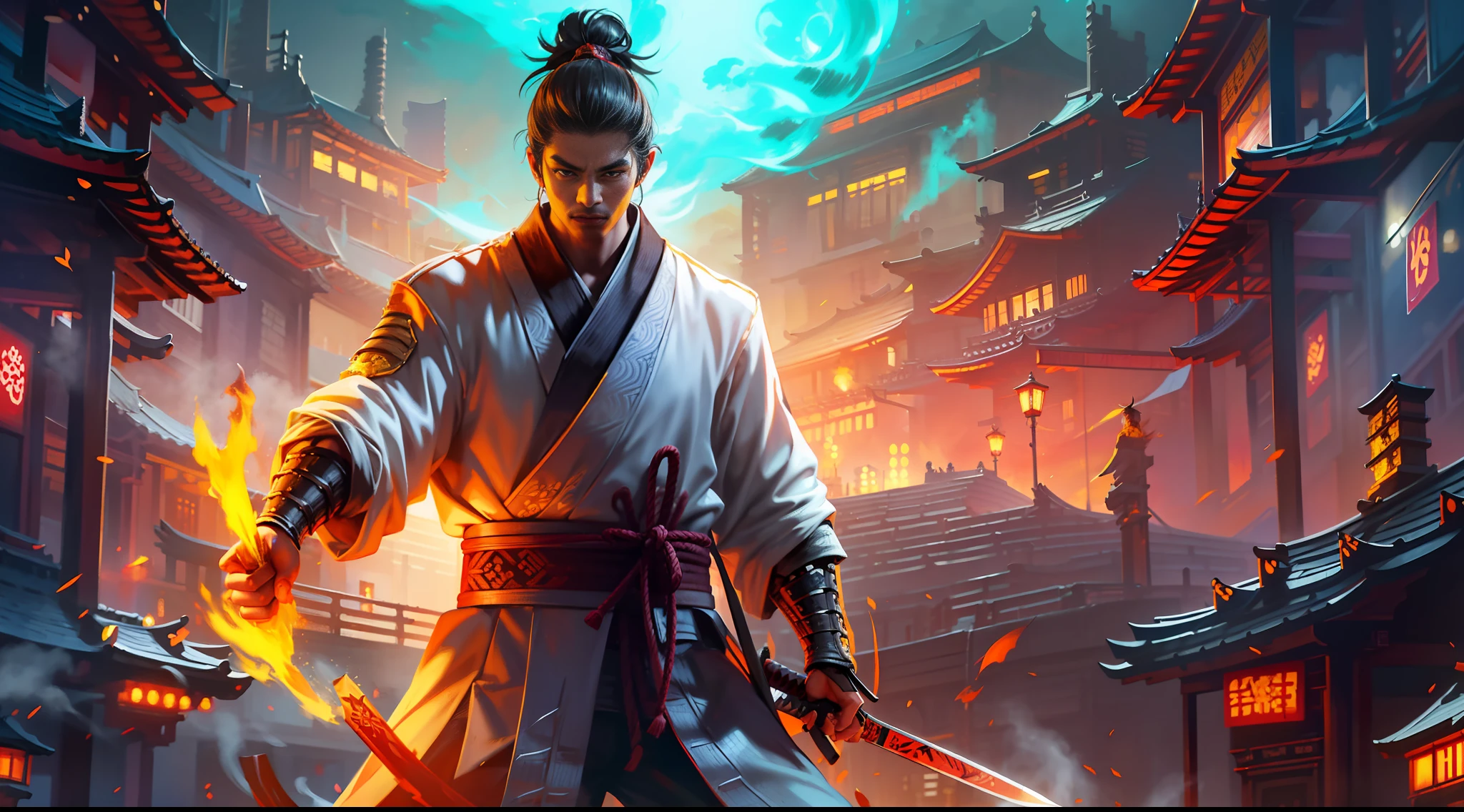 Full body, wandering samurai, handsome face with a long scar, looking forward angrily, drawing a knife, bright fire effect on the blade, dim, eerie, scary atmosphere, surrealism, high detail, cinematic lighting, backlight, perspective, UHD, masterpiece, ccurate, high detail, 8k