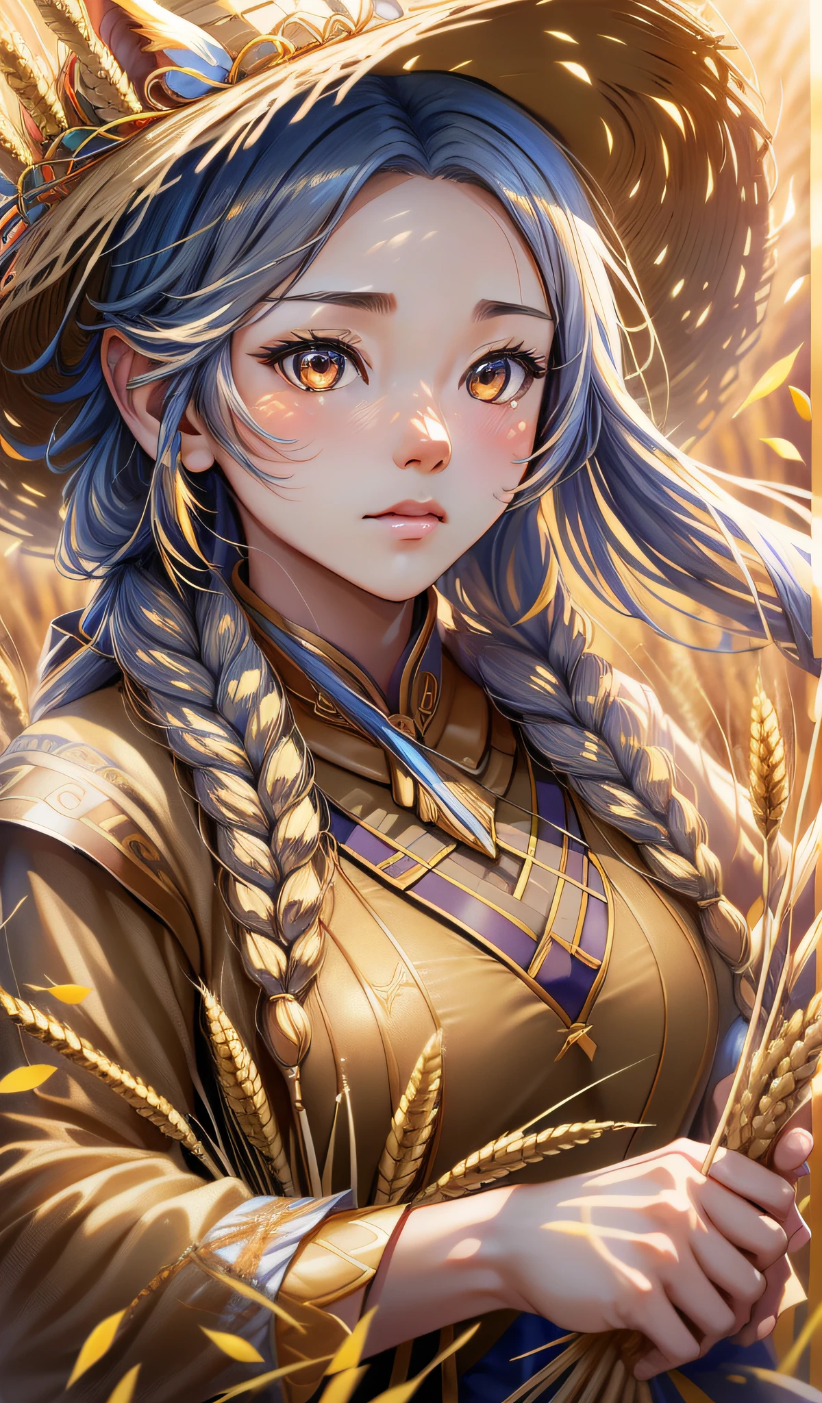 (An 18-year-old Asian woman, Mangseed, harvest wheat field, classical Chinese woman, long hair twisted braids, wearing a straw hat, with golden ears of wheat costume details, the best image quality, realistic photos, background harvest #aesthetic #热门小说 ears of wheat, costume with golden ears of wheat texture decoration, embrace sparkling golden ears of wheat, motion capture, incredible detail, sharpening, summer, ultra-fine hair, Full lens, flowing, realism, delicate and delicate, colorful, super high quality, 3D effect, CG rendering ,--ar 3:4 --s 180 --q 5 --niji 5) gloves