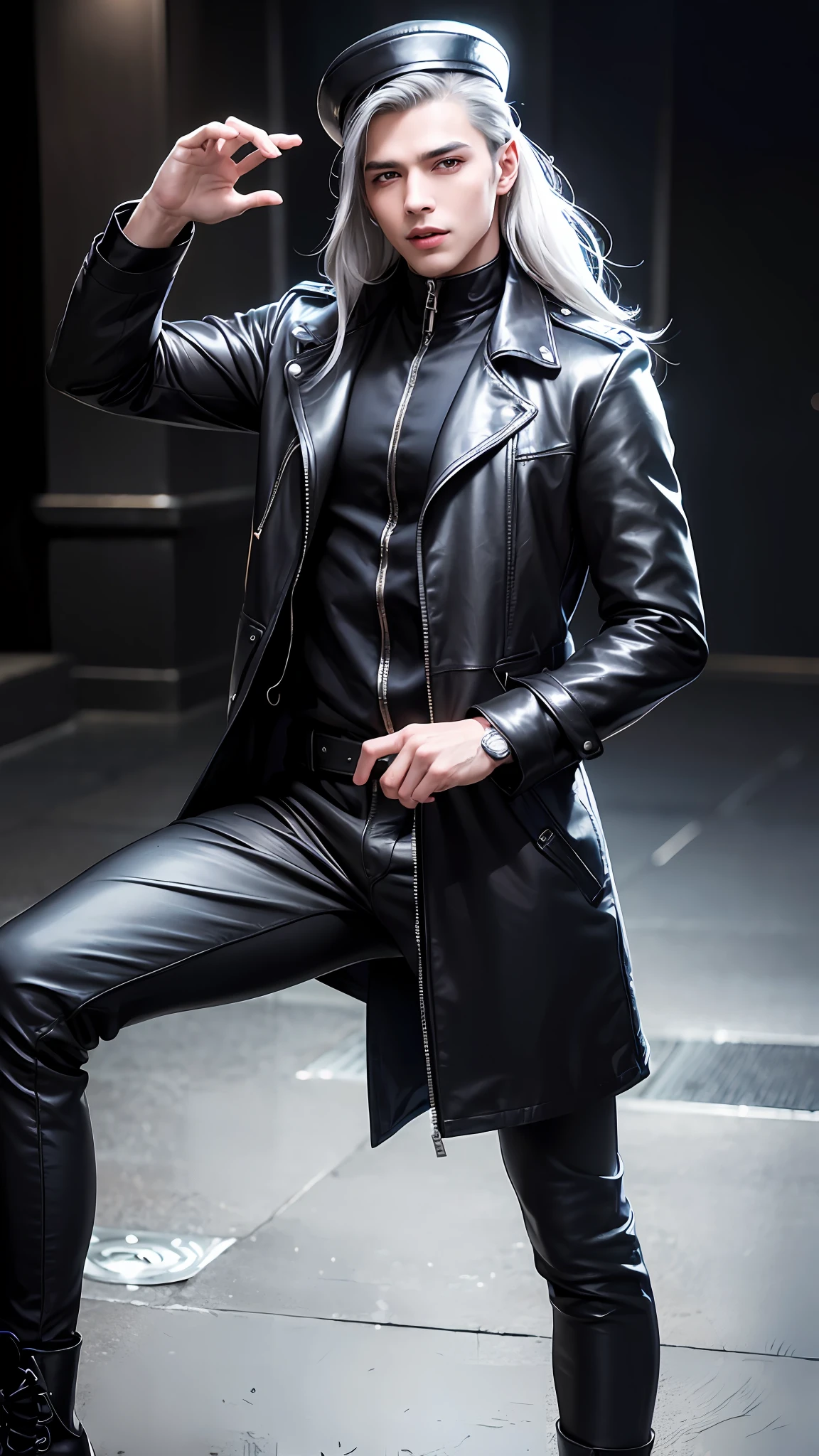 Playful handsome man with grey hair wearing a long leather coat, man wearing a black bonet, dangerous man, mischievous smile, man with grey messy long hair, combat boots, in a dynamic pose, holding his hat, sci fi, (8k, RAW photo, photorealistic:1.25) ,( lipgloss, eyelashes, man, gloss-face, glossy skin, dark skin, dark snik, male, best quality, ultra highres, young man, depth of field, chromatic aberration, caustics, Broad lighting, natural shading,Kpop idol) looking at viewer with a serene and god-like happiness, playful alluring smirk