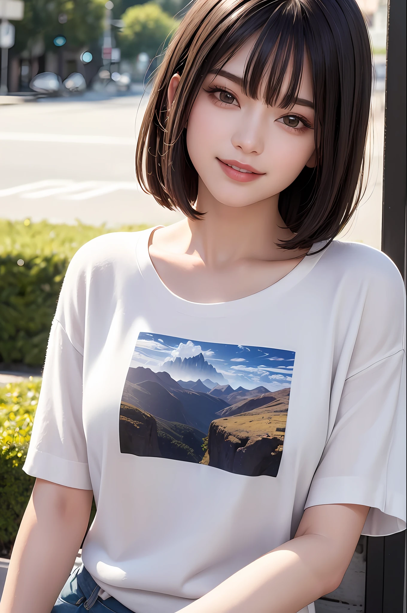Top Quality, Masterpiece, Ultra High Resolution, (Photorealistic: 1.4), Diagonal Landscape, 1 Girl, Dark Hair, (Straight Bob: 1.4), Smile, Glossy Skin, Dramatic Lighting, Neatness, T-Shirt, White Summer Sweater, (Big: 0.9), Park
