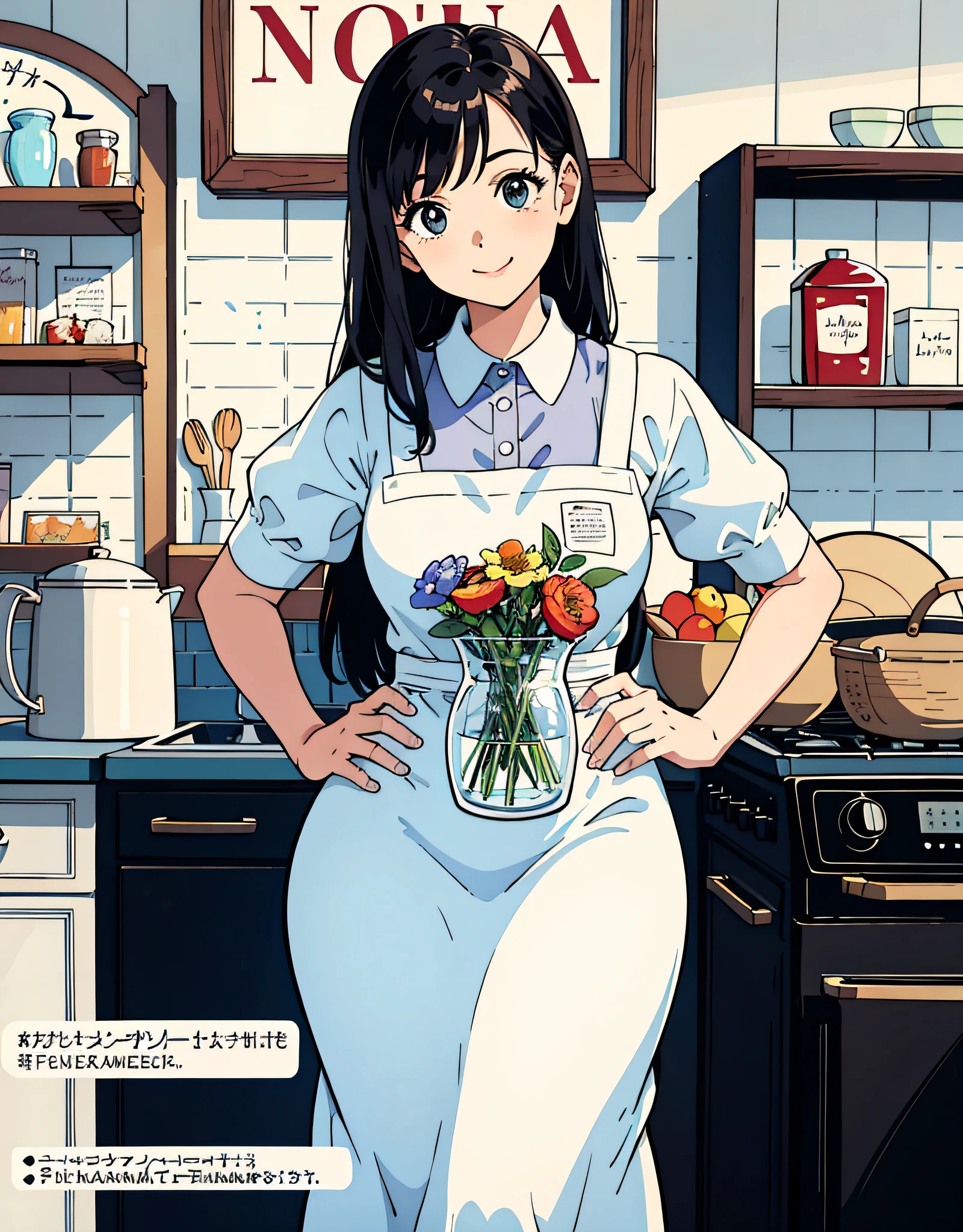 (Best Quality, Masterpiece), Front cover of a women's cooking magazine, 1girl, 30 years old, stunning, cute, heartwarming smile, hourglass figure, wearing floral dress, pinny apron, beautiful food, text, diagrams, advertisements, magazine title