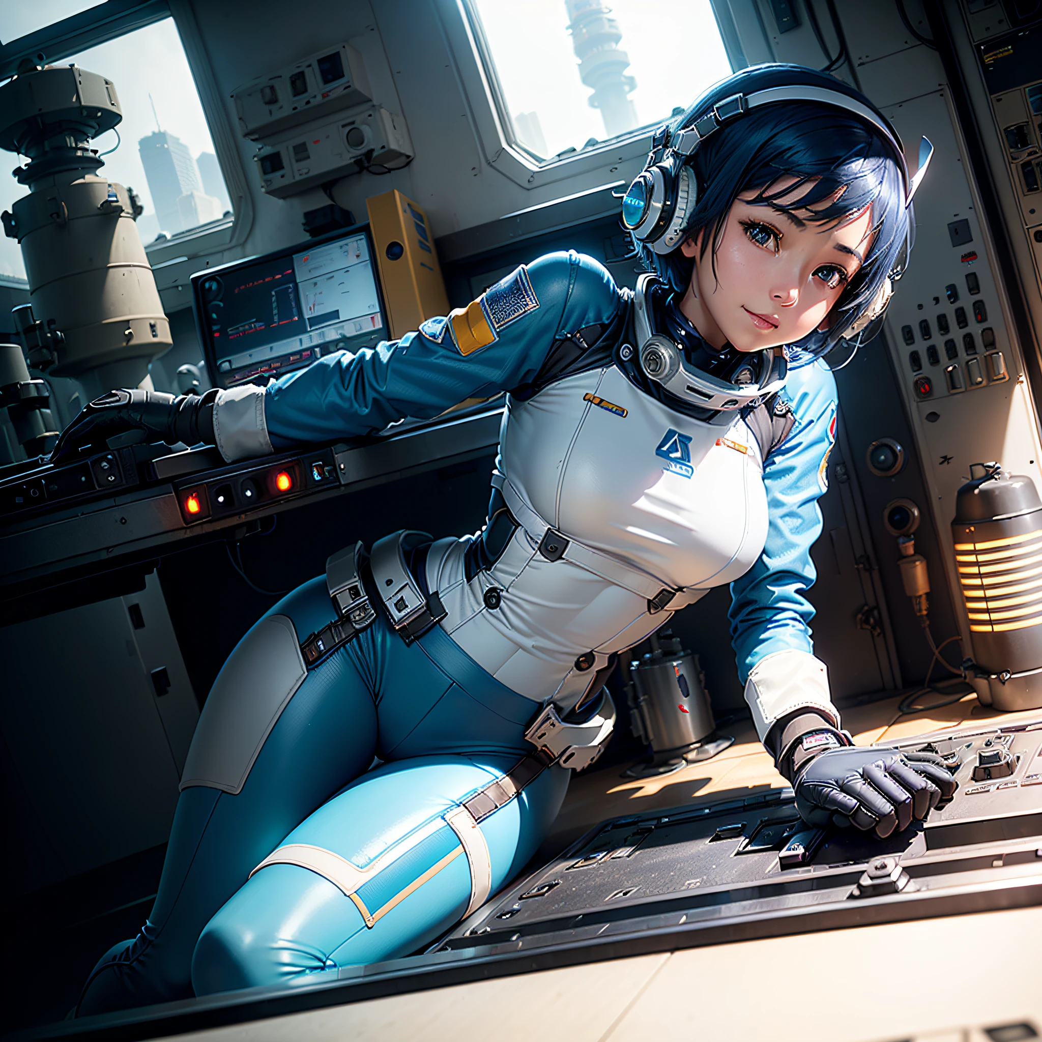 (masterpiece, highest quality, highest resolution, distinct_image, very elaborate CG, cinematic lighting, ray tracing, drop shadows, detailed detail, (photorealistic: 1.4), high quality textures, fine-grained, realistic face expression): (lone girl, face is Japan, short blue hair, small size breasts, sparkling eyes, Eye level shots, white and blue color flight suits, tight fit clothes, full-body covering clothes, light smile, beauty, slim body, exoskeleton, heroine, headset, long boots, gloves, riding and piloting a robot that leans forward, control panel, tools, safety devices, radar displays, touch panels, various indicators, levers, computer keyboard, mouse, Warning light, fuel gauge, pressure gauge, control tower outside the window, large lever, foot access pedal, brake pedal, chunky manual, )