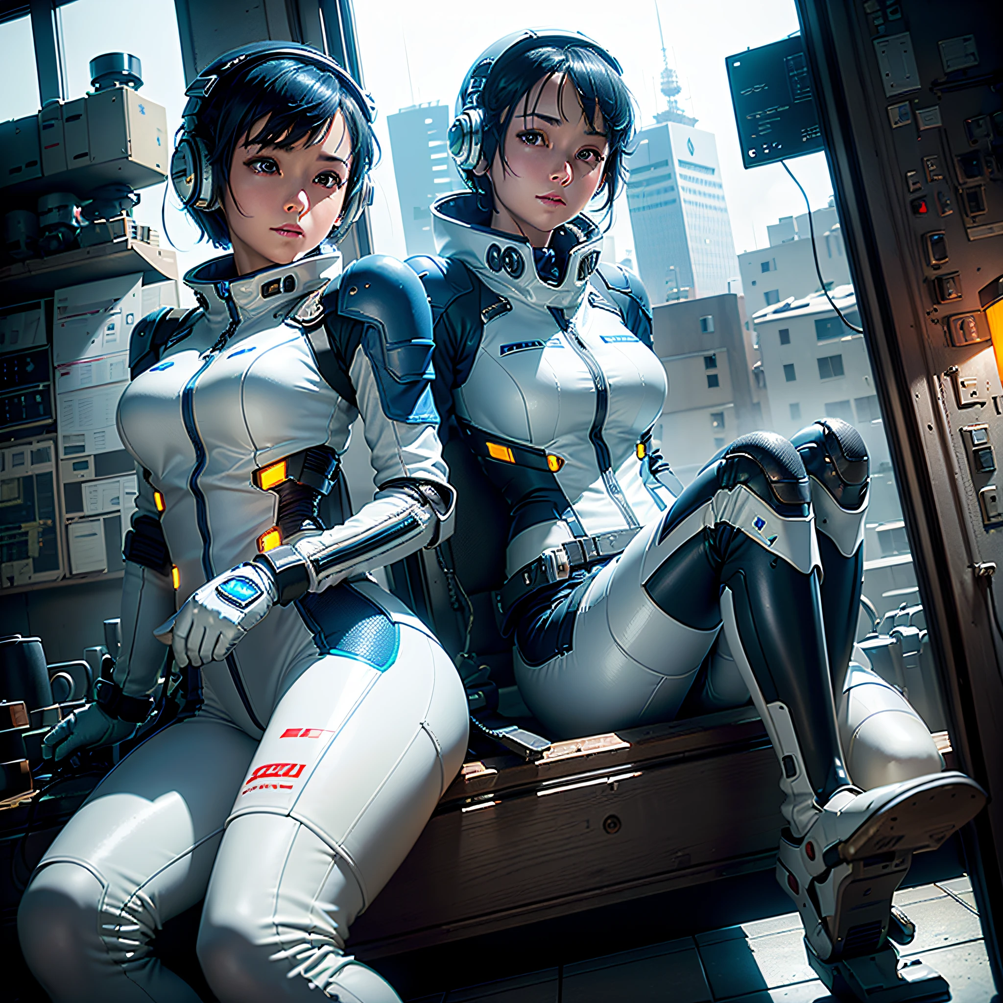 (masterpiece, highest quality, highest resolution, distinct_image, very elaborate CG, cinematic lighting, ray tracing, drop shadows, detailed detail, (photorealistic: 1.4), high quality textures, fine-grained, realistic face expression): (lone girl, face is Japan, short blue hair, small size breasts, sparkling eyes, Eye level shots, white and blue color flight suits, tight fit clothes, full-body covering clothes, light smile, beauty, slim body, exoskeleton, heroine, headset, long boots, gloves, riding and piloting a robot that leans forward, control panel, tools, safety devices, radar displays, touch panels, various indicators, levers, computer keyboard, mouse, Warning light, fuel gauge, pressure gauge, control tower outside the window, large lever, foot access pedal, brake pedal, chunky manual, )
