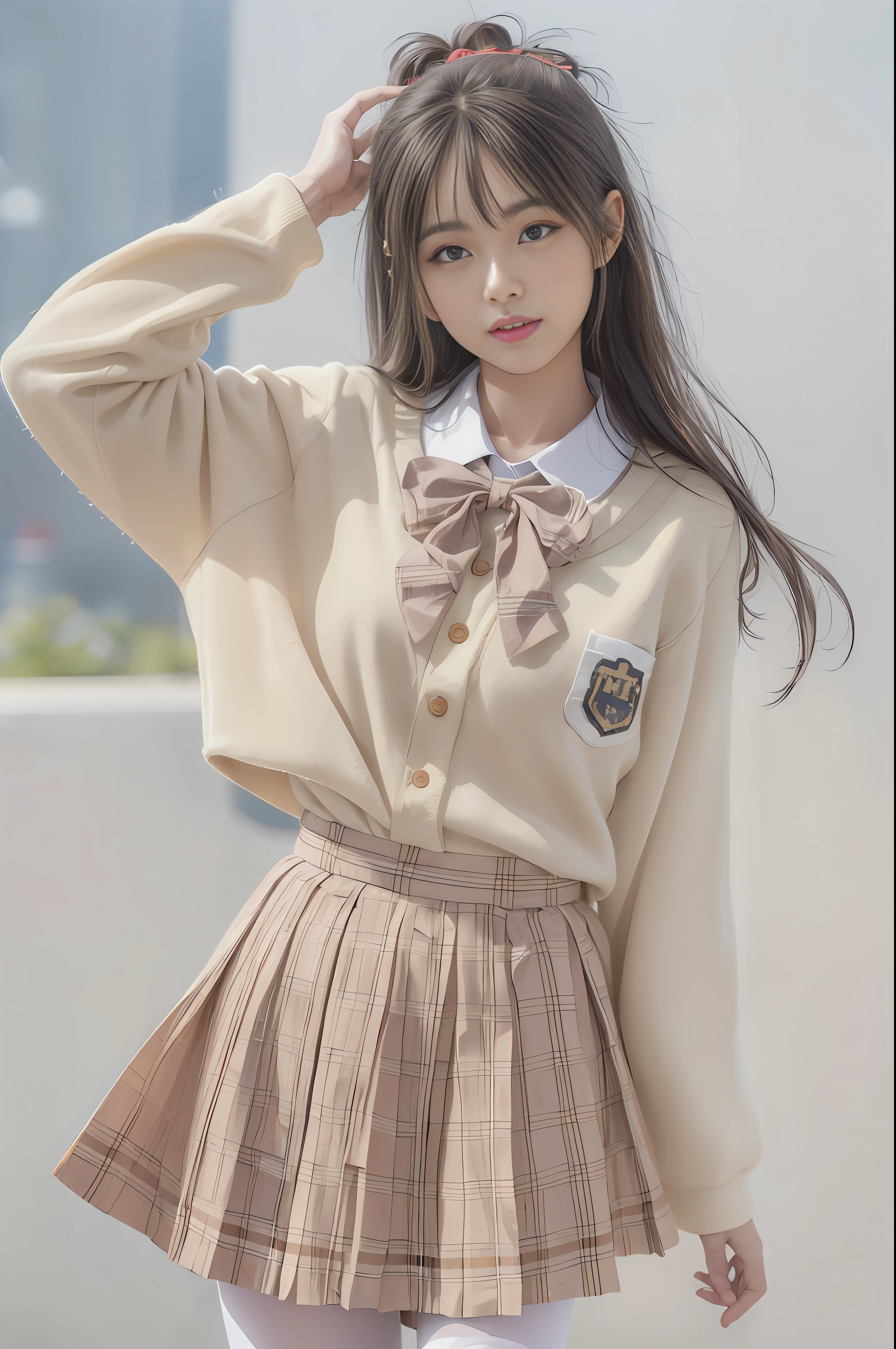 School uniform girl (1 person), Asian face, Japanese girl school uniform, sailor uniform collar, loose coat, cute makeup, school idol, chengfu wind, soft color, quality details, best picture quality, transparent stereoscopic, 8K HD.