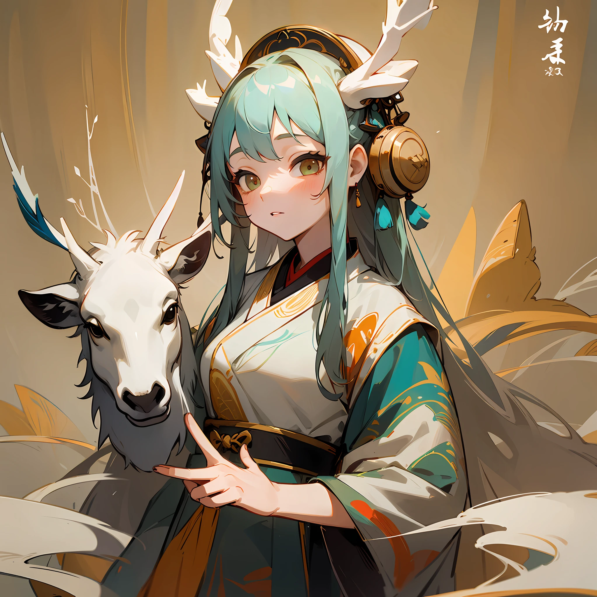 A girl and a white deer, Chinese, dressed as Hanfu, Dunhuang murals, rock paintings --auto --s2