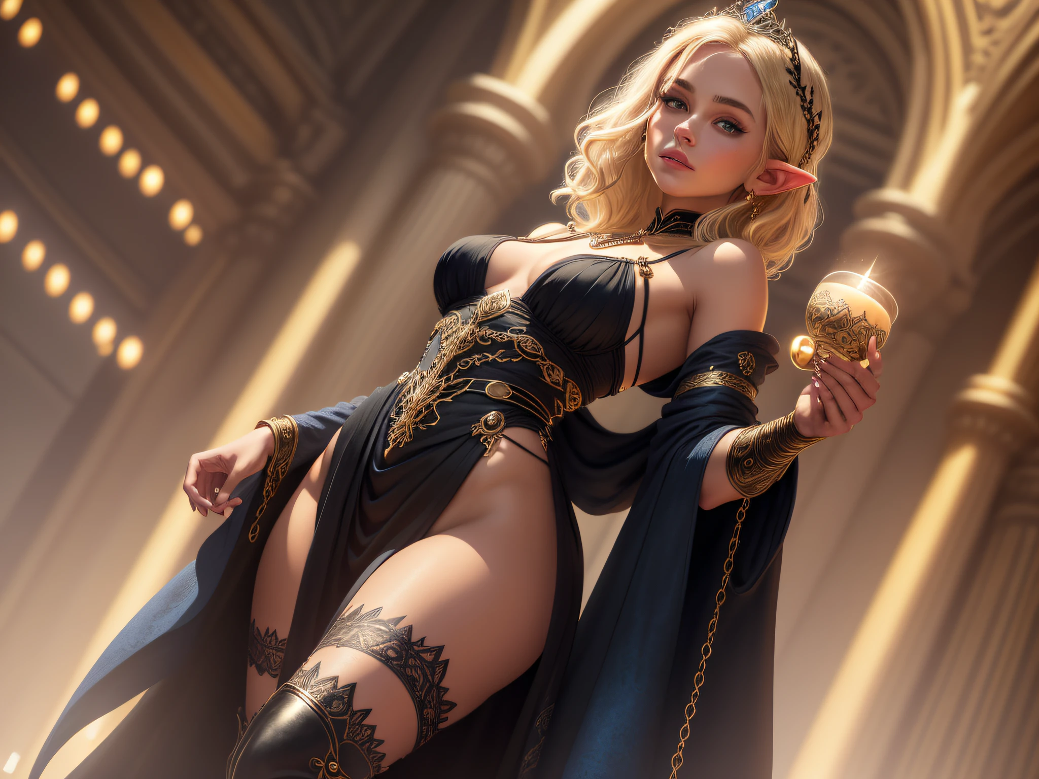 color photograph, ((a realistic photo of a beautiful girl)), glowing light, ((glowy skin)), (fit body:1.0), detailed illustration, masterpiece, (masterpiece, best quality), beautiful woman, elaborate elvish clothing, sultry face, 1lady, solo, elaborate black robe, straight short blonde hair, sultry blue eyes, small tiara, palace ballroom, small breasts, narrow hips, standing, parted lips, boots, waist chain