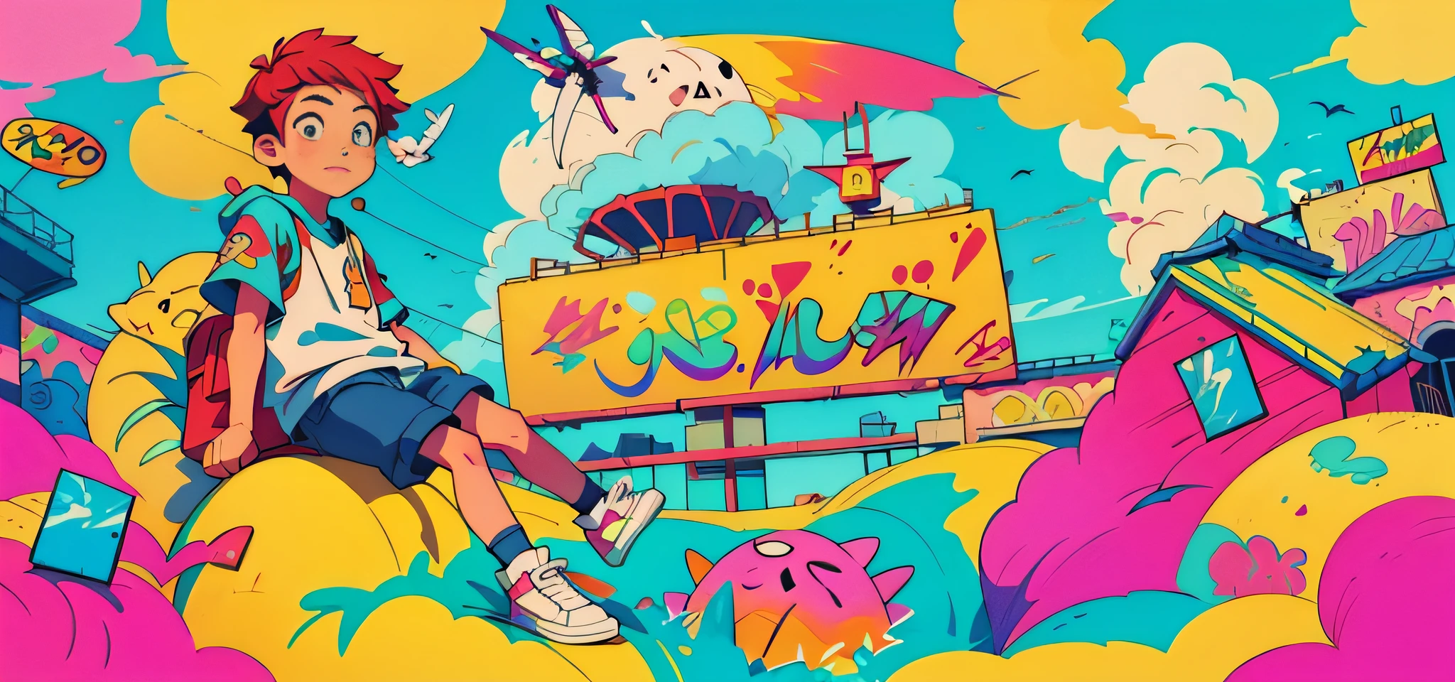(delicate character portrayal), colorful, cartoon illustration, illustration, (a boy on the left (various graffiti elements on the clouds)), (vector illustration style), carnival atmosphere, very detailed, best picture quality, background illustration.