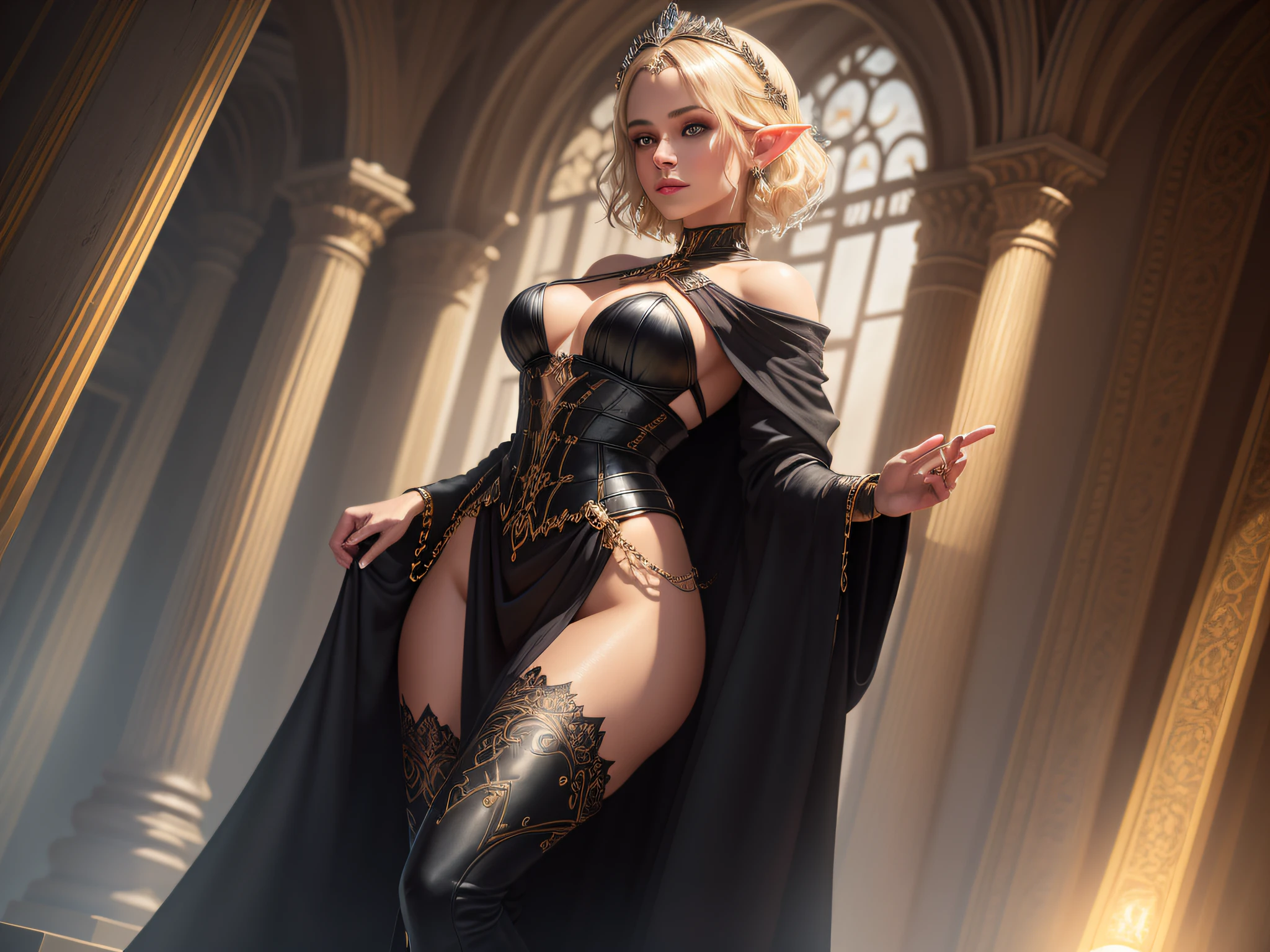 color photograph, ((a realistic photo of a beautiful girl)), glowing light, ((glowy skin)), (fit body:1.0), detailed illustration, masterpiece, (masterpiece, best quality), beautiful woman, elaborate elvish clothing, sultry face, 1lady, solo, elaborate black robe, straight short blonde hair, sultry blue eyes, small tiara, palace ballroom, small breasts, narrow hips, standing, parted lips, boots, waist chain