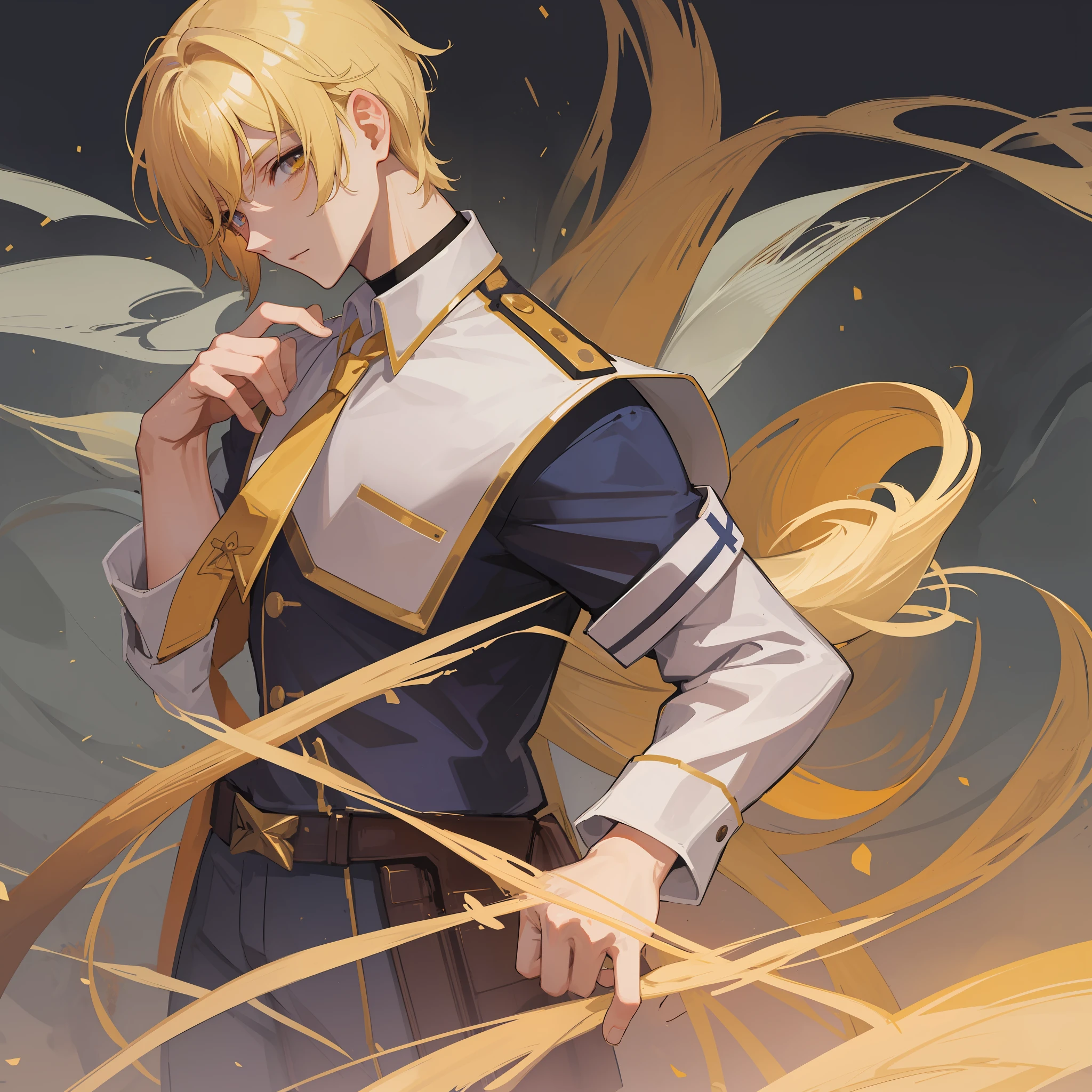 Cool boy, blonde short hair, golden eyes, wear highschool uniform