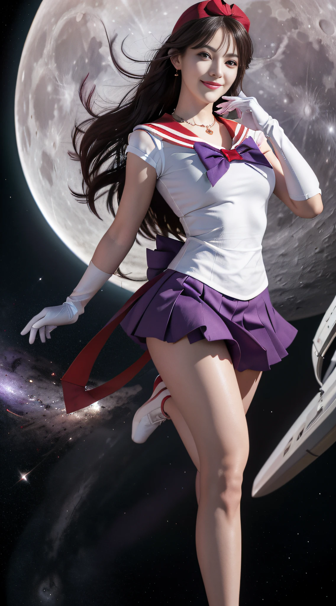 ((HD Realistic, SAMA1 Level)), Extreme Realistic, Masterpiece, Best Quality, High Resolution, SAMA1, Headwear, Sailor Sensi Uniform with Medium Chest, White Gloves, Red Sailor Collar, Red Skirt, Star Necklace, Elbow Gloves, Pleated Skirt, Bare Legs, Purple Bow, Standing, Space, Moon, Charming Smile, Stunning Beauty, Full Body Photo