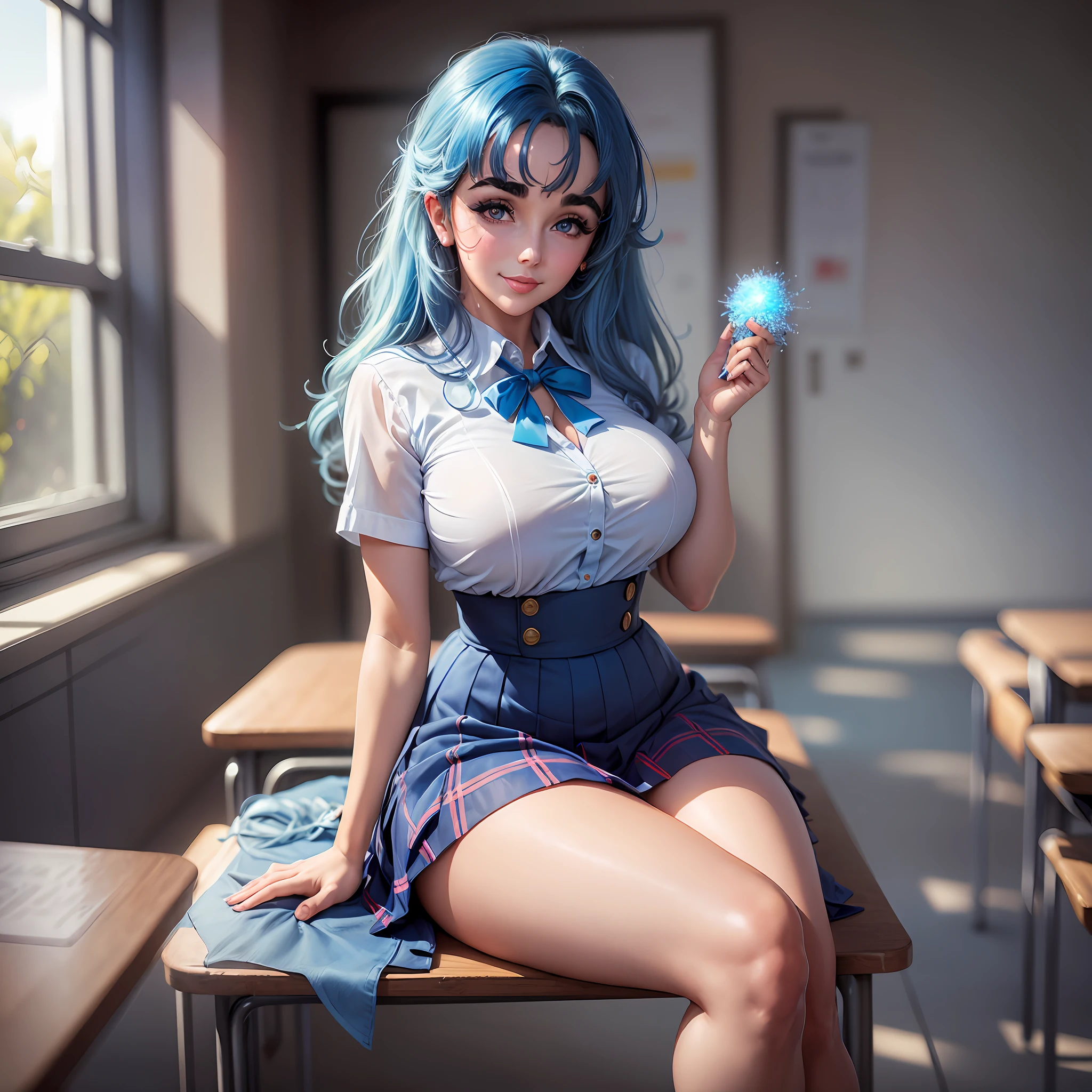 AGMM, 1girl, (Elizabeth Taylor, blue hair, Colored_Skin:1.2), wearing wet school uniform, large breasts, reveal, covering, skirt, thighs. inside the building, classroom, sun rays, bokeh, sparkles, night, smile, sexy smile, --auto --s2