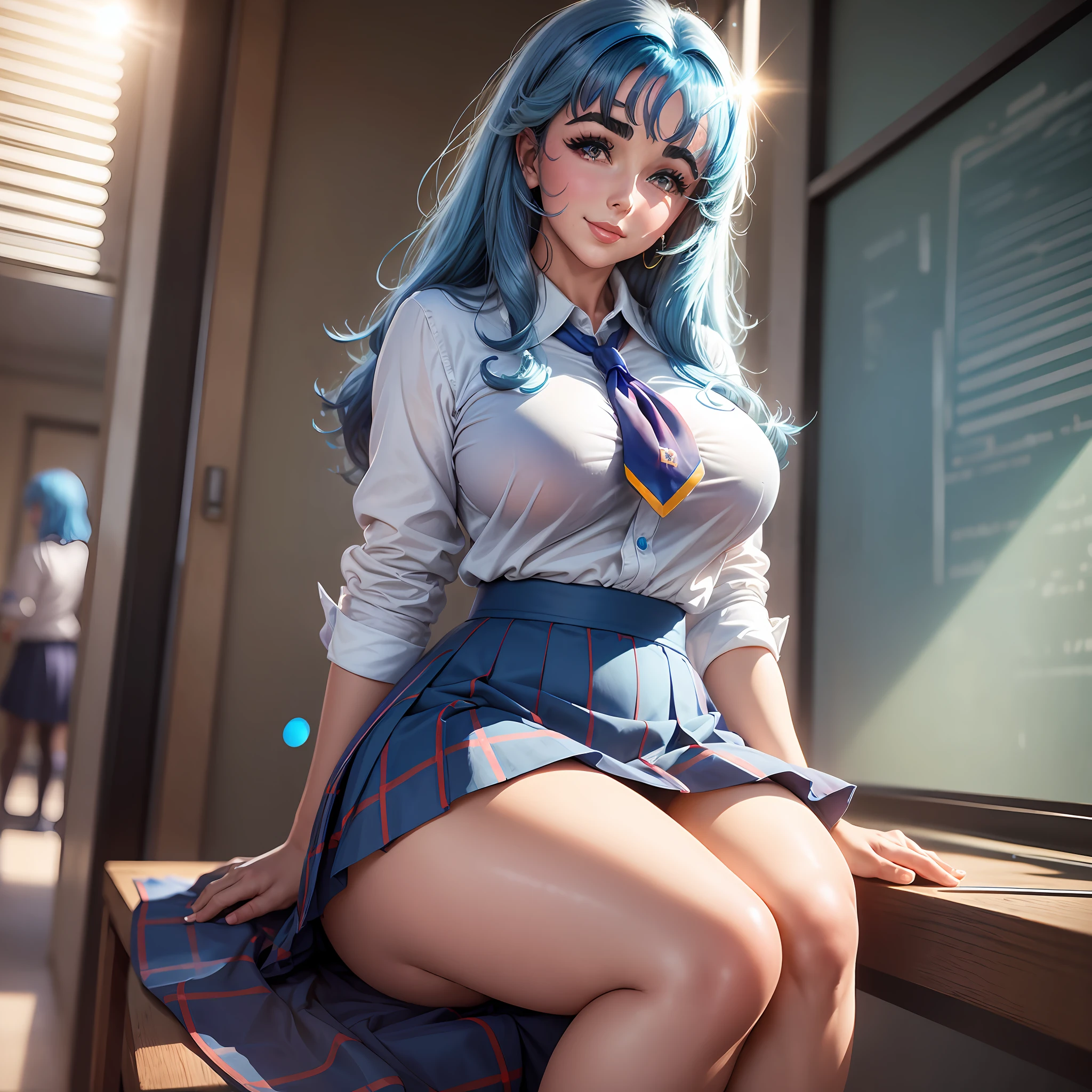 AGMM, 1girl, (Elizabeth Taylor, blue hair, Colored_Skin:1.2), wearing wet school uniform, large breasts, reveal, covering, skirt, thighs. inside the building, classroom, sun rays, bokeh, sparkles, night, smile, sexy smile, --auto --s2
