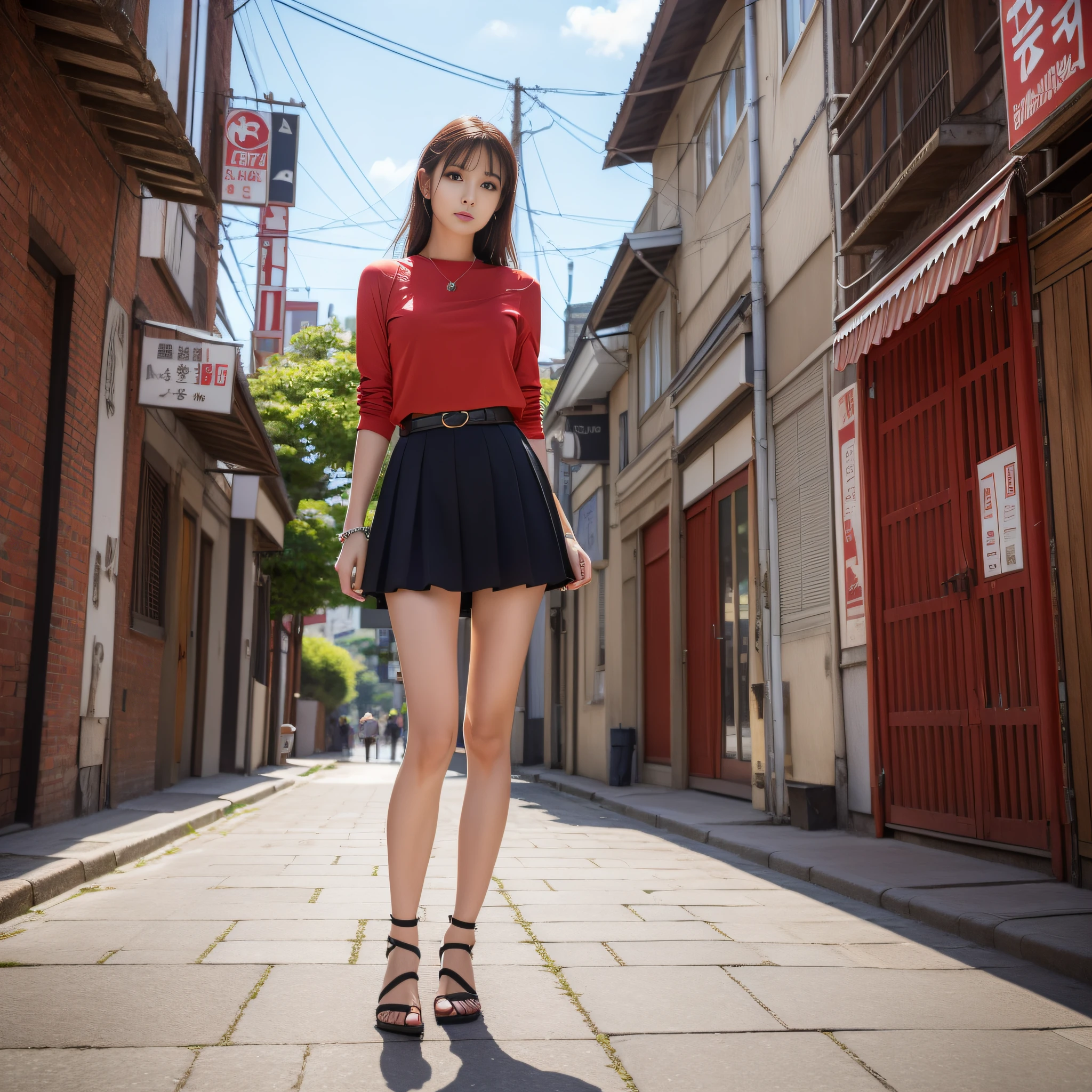 Arafe woman in red body con posing for photo, slim girl model photo, physical: Tinyest midliff ever, female model, Japan female fashion model, Sakura Miyawaki, LE SSERAFIM, (8k, RAW photo, best quality, masterpiece: 1.2), (realistic, photorealistic: 1.37), ultra detail, ultra high resolution, summer, downtown, standing, full body、