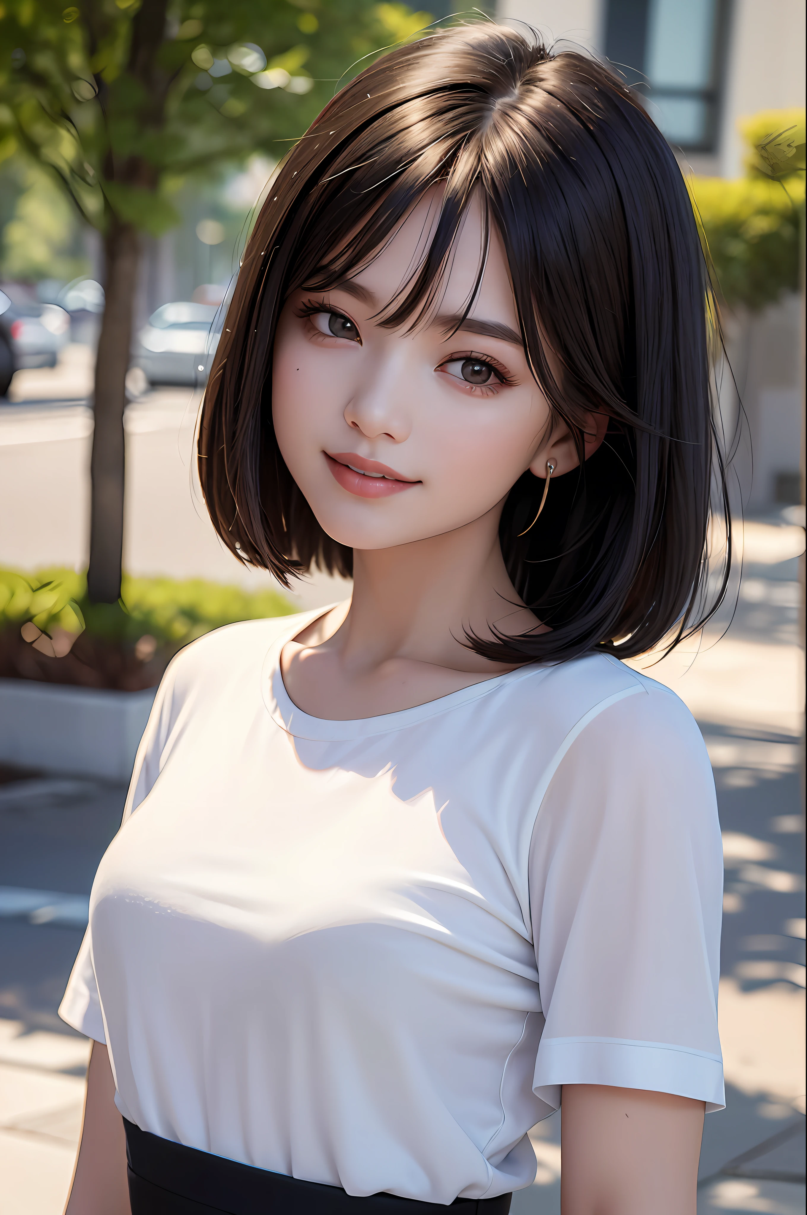Top Quality, Masterpiece, Ultra High Resolution, (Photorealistic: 1.4), Diagonal Landscape, 1 Girl, Dark Hair, (Straight Bob: 1.4), Smile, Glossy Skin, Dramatic Lighting, Neatness, T-Shirt, White Summer Sweater, (Big: 0.9), Park