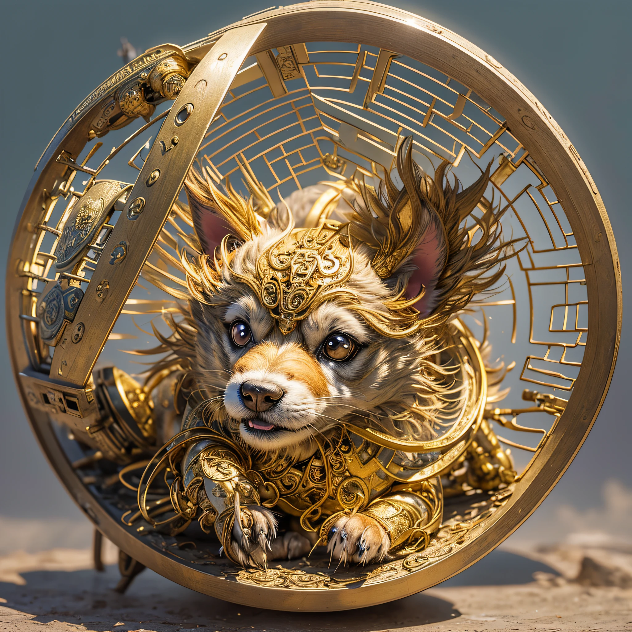 A cute Chinese pastoral dog made of metal, (cyborg: 1.1), ([tail|detailed wire]: 1.3), (intricate detail), hdr, (hyperdetailed: 1.2), cinema lens, halo shadow, centered --auto --s2