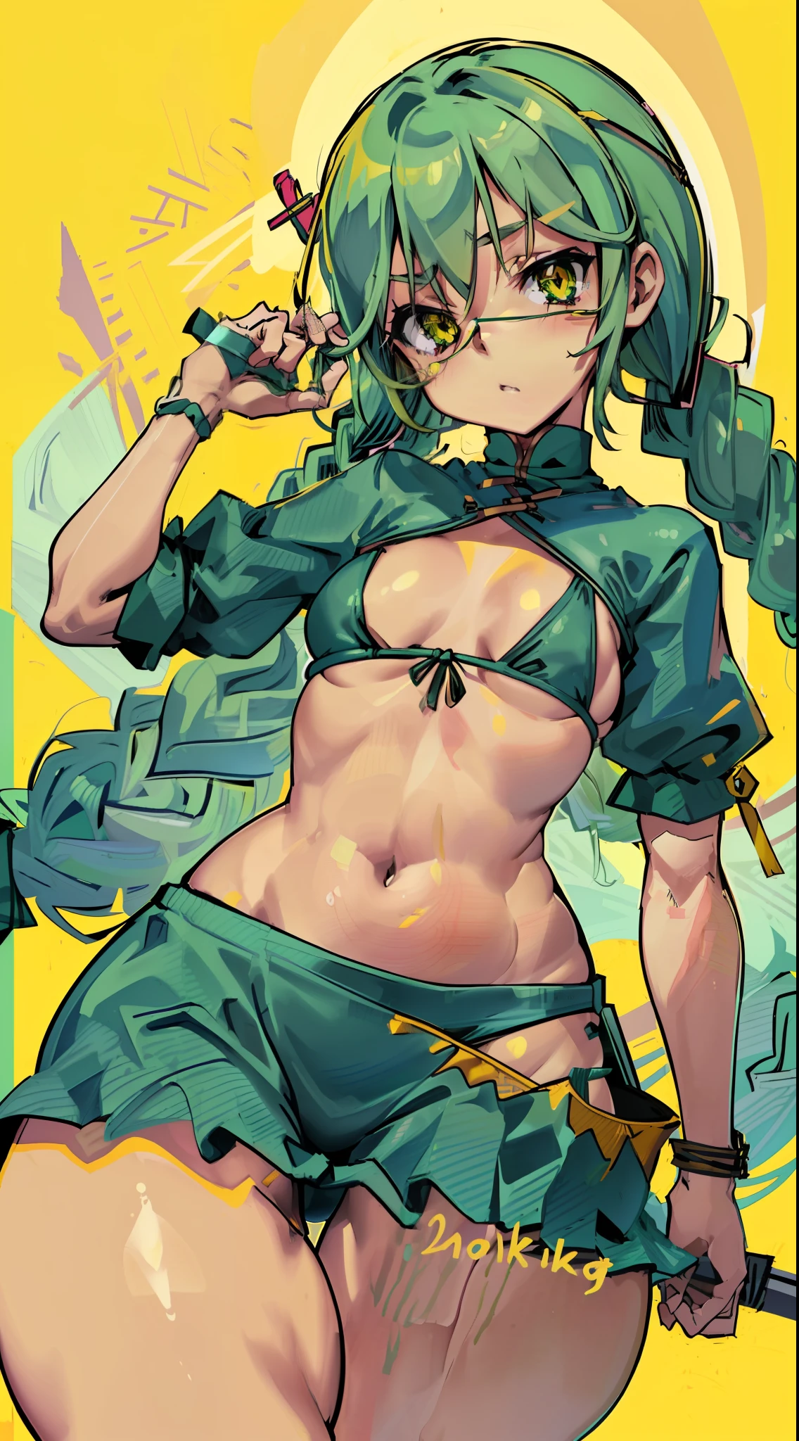 1girl, sgannie, yellow eyes, eyepatch, green hair, twin braids, green bikini, green microbikini top, green side-tied thong, ((petite, small breasts, small boobs, ), (child rearing hips, child-rearing hips, big hips, wide hips, wide-hipped, thicc thighs, thick thighs, thigh gap), small breasts with big hips, small breasts with thicc thighs, thicc thighs with wide hips)