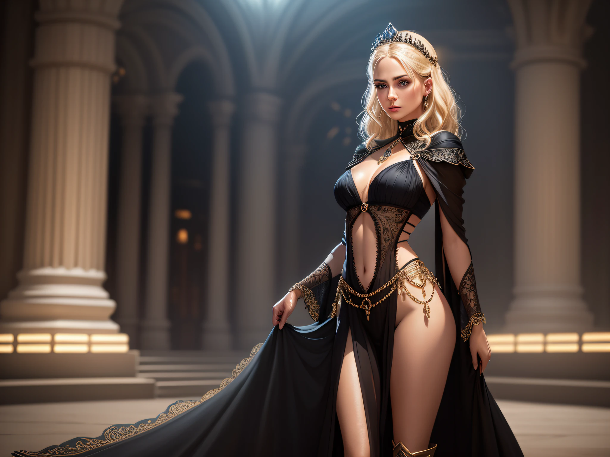 color photograph, ((a realistic photo of a beautiful woman)), glowing light, ((glowy skin)), (fit body:1.0), detailed illustration, masterpiece, (masterpiece, best quality), beautiful woman, elaborate sheer clothing, sultry face, 1lady, solo, elaborate black robe, straight short blonde hair, sultry blue eyes, small tiara, palace ballroom, small breasts, narrow hips, standing, parted lips, boots, waist chain