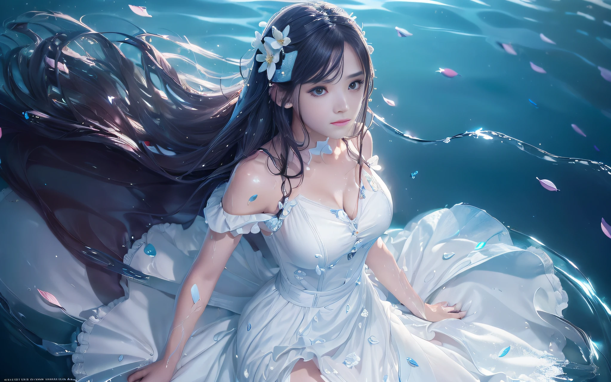 (1girl:1.3), Solo, Body Parts, Official Art, Unified 8k Wallpaper, Ultra Detailed, Beauty and Aesthetics, Beauty, Masterpiece, Best Quality, Fantastic Atmosphere, Beautiful Woman in White Gauze Dress, Charming Face, Water's Edge in the background, Half Body Soaked in Water, Clothes Wet with Water, Petals Floating on Water