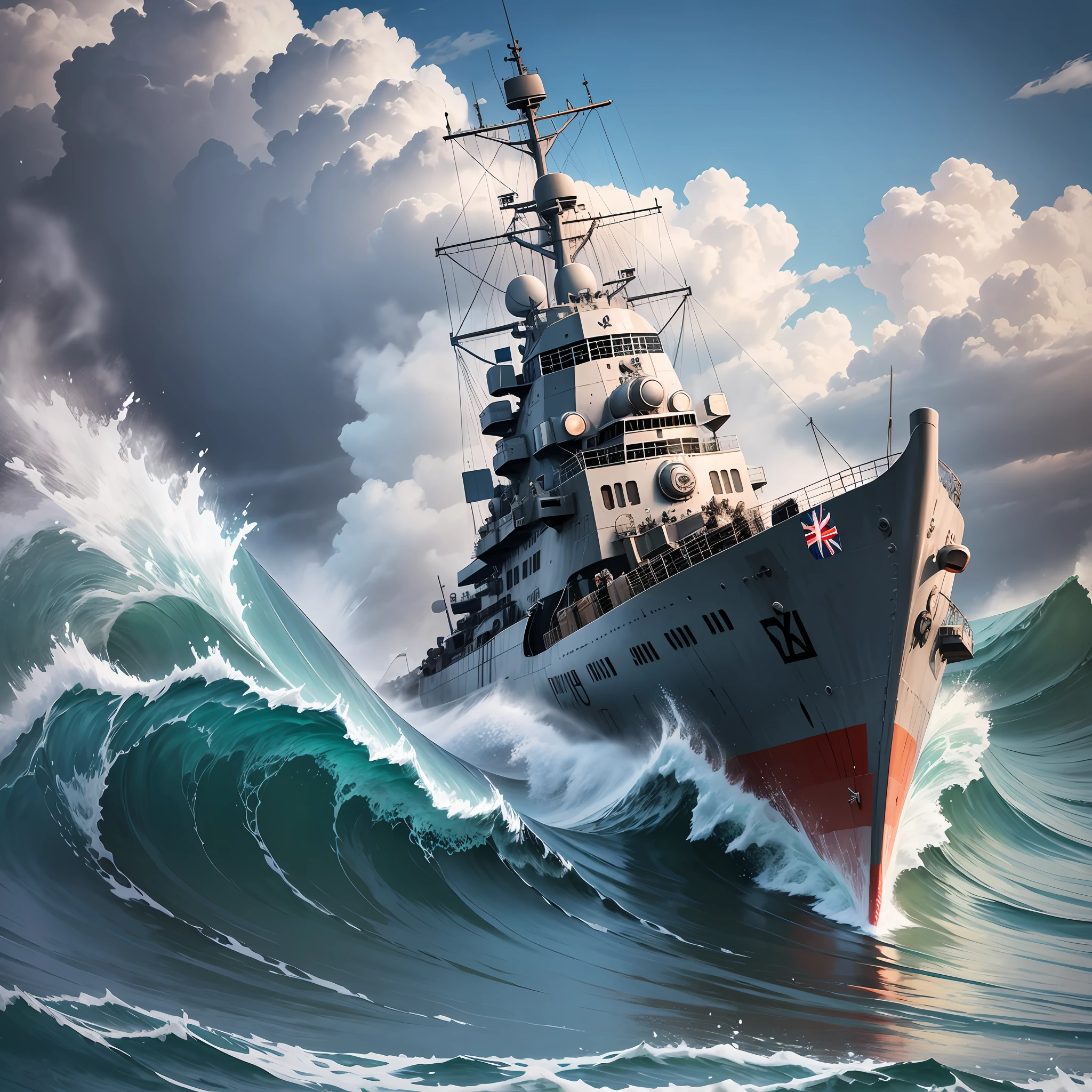 HMS Exe destroyer boat from world war 1 ripping trought waves in the sea, front profile with a slight tilt --auto --s2