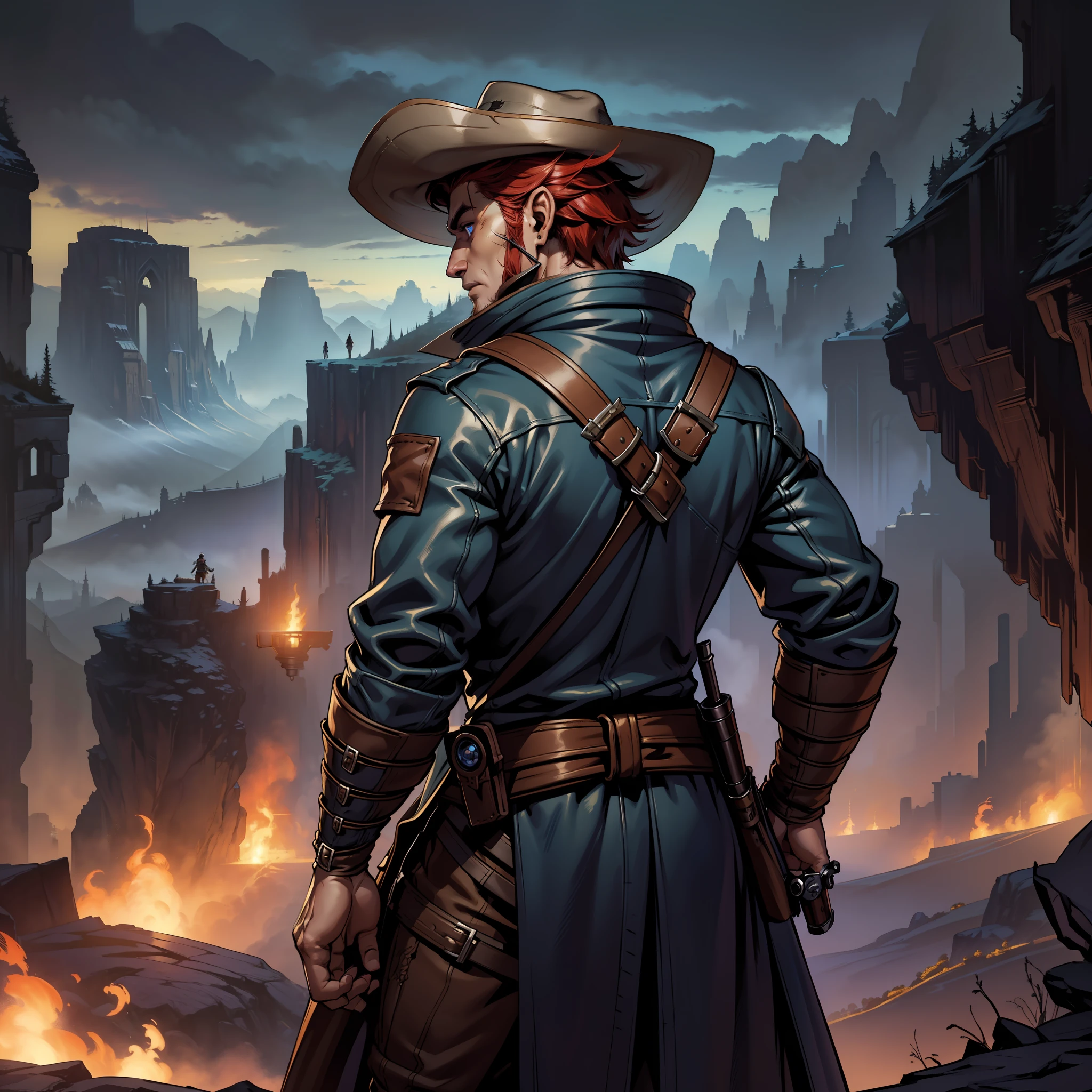 (extremely detailed 8k wallpaper:1.2), (best quality:1.2), (adventure and fantasy theme), profile (Paizo Pathfinder RPG character and Dungeons & Dragons), (man), (((human race))), young, agile, sharp focus, (subsurface scattering:1.1), award-winning photography, ((Gunslinger Class:1.3)), ((half-body shot:1.1)), centered face, Mohawk red hair, blue eyes:1.2, cowboy hat, funny, wearing leather overcoat,  scarf wrapped around the neck, (standing, with his back to the landscape of oriental background:1.3), (very detailed background:1.2),dramatic lighting, SFW
