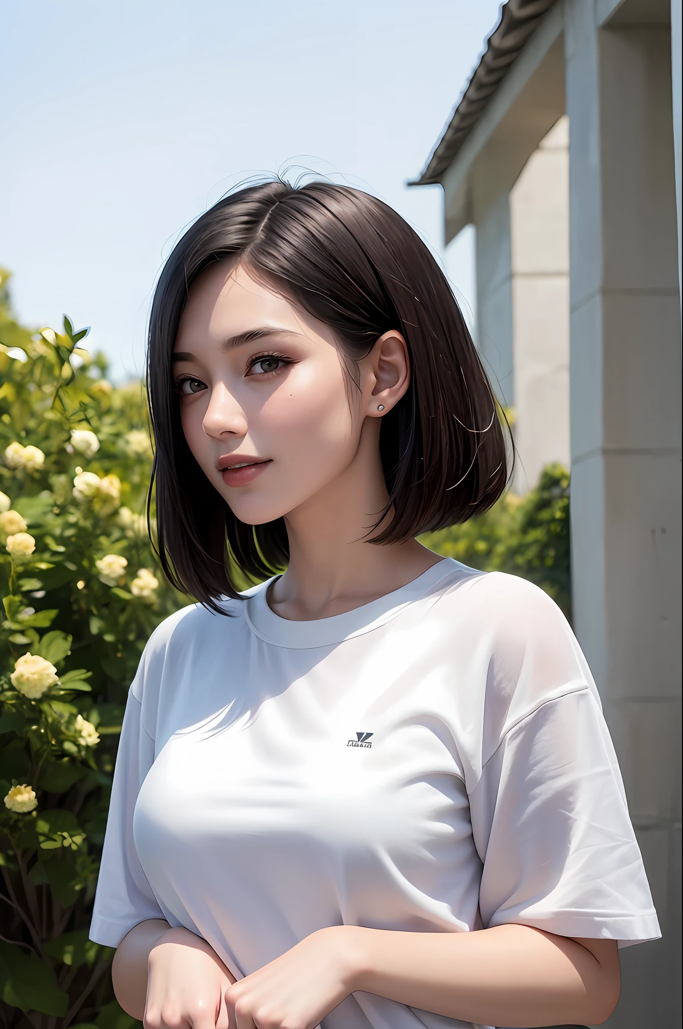 Top Quality, Masterpiece, Ultra High Resolution, (Photorealistic: 1.4), Diagonal Landscape, 1 Girl, Dark Hair, (Straight Bob: 1.4), Smile, Glossy Skin, Dramatic Lighting, Neatness, T-Shirt, White Summer Sweater, (Big: 0.9), Park