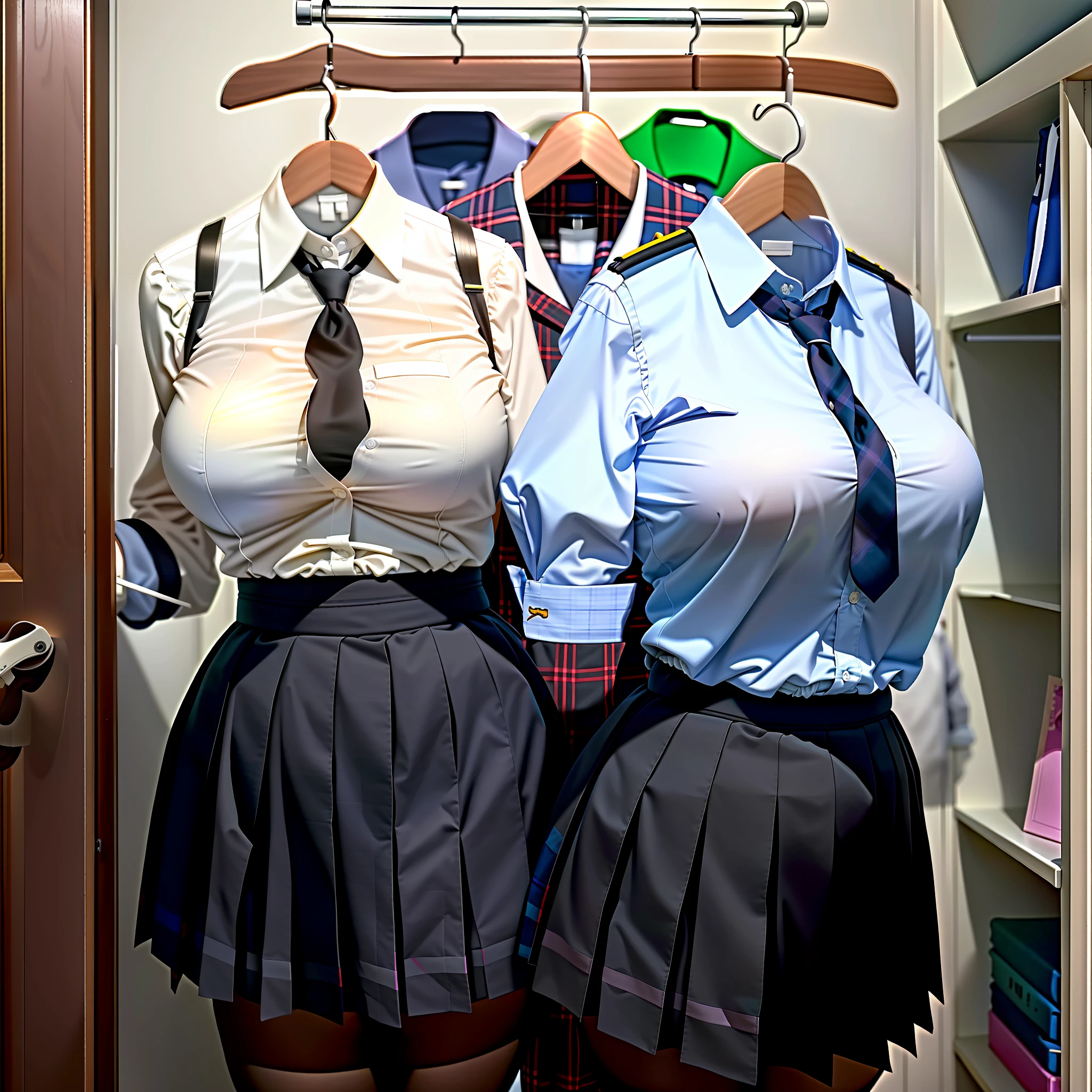 nsfw, 8K raw photo, Best quality, masterpiece, ultra high res, (photorealistic:1.5), girls' school uniforms on hangers in the closet raise their sleeves on their own as if worn by invisible busty girls, hanger busty school uniforms on hangers swell into girls' shape as if worn by invisible busty girls, school uniforms has big breasts and cleavage, school uniforms without humans, headless, faceless, no hands, black tights, plaid skirt, white shirt, empty school uniforms pose with buttocks facing you, hanger school uniforms bending forward in the closet as if worn by invisible girls