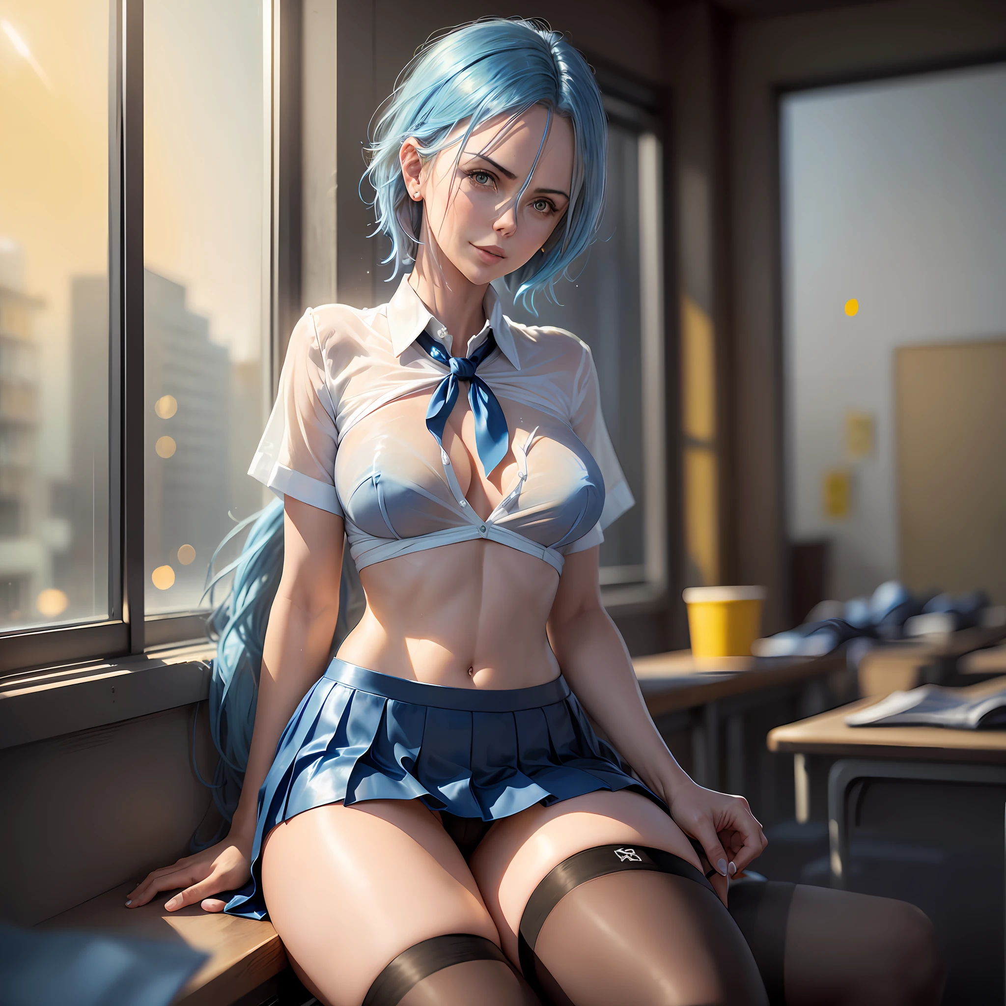 AGMM, 1girl, (Charlize Theron, blue hair, Yellow_Skin, Colored_Skin:1.2), wearing wet see-through school uniform, large breasts, reveal, covered, skirt, thighhighs. inside building, classroom, sunbeams, bokeh, sparkles, evening, smile, sexy smile,